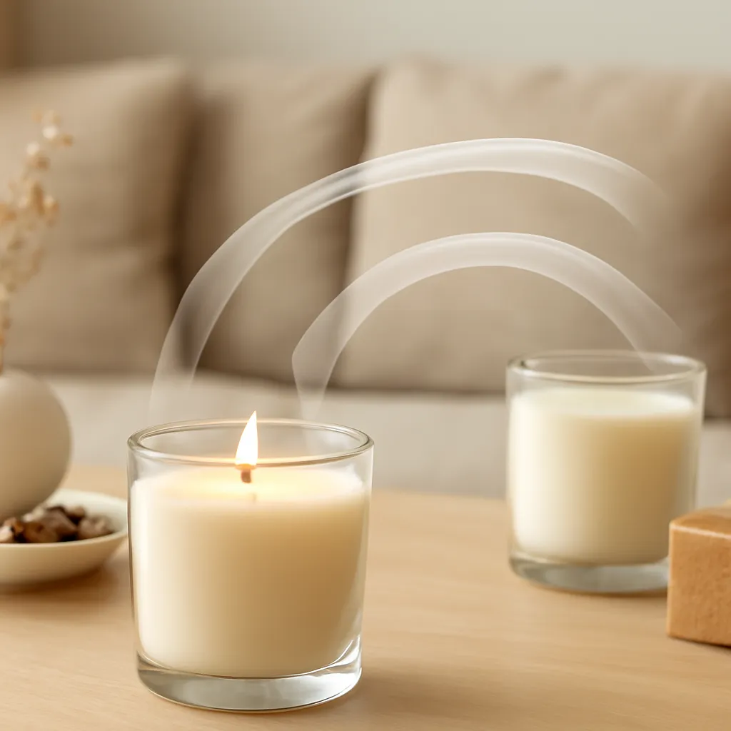 Create an educational overview visual focused on cold throw versus hot throw. Show a lit candle in a room with subtle translucent airflow arcs illustrating fragrance dispersion in a clean, easy-to-read composition. Use object placement, arrows/shapes implied by composition, and clear before/after or cause/effect spacing, but do not generate any text. Canvas size 2000 × 1500 px, photorealistic premium commercial photography, clean modern apartment palette with warm neutrals. Keep the composition clean and editorial, with one clear focal point and realistic scale. Candle vessels should be physically correct, with smooth glass and believable wax surfaces; any flame must be small and realistic and should appear only when context requires it. Use restrained props that directly support "Why Can't I Smell My Candle? 8 Reasons Scent Throw Feels Weak". Avoid excessive seasonal décor, duplicated ingredient arrangements, surreal fragrance smoke, AI artifacts, noisy textures, distorted hands, unreadable labels, typography, icons, logos and watermarks. Leave a small area of negative space for optional manual annotations. Crisp detail, natural shadows, realistic color balance and subtle depth of field.