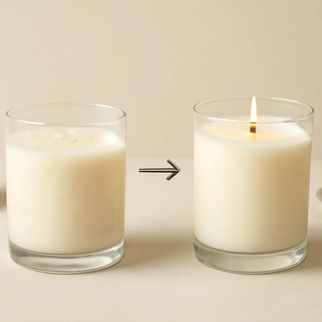 Create an educational overview visual focused on texture and melt characteristics. Show two pale wax samples with subtly different creamy textures in a clean, easy-to-read composition. Use object placement, arrows/shapes implied by composition, and clear before/after or cause/effect spacing, but do not generate any text. Canvas size 2000 × 1500 px, photorealistic premium commercial photography, minimal beige comparison studio. Keep the composition clean and editorial, with one clear focal point and realistic scale. Candle vessels should be physically correct, with smooth glass and believable wax surfaces; any flame must be small and realistic and should appear only when context requires it. Use restrained props that directly support "Coconut Wax vs Soy Wax: Which Candle Wax Performs Better?". Avoid excessive seasonal décor, duplicated ingredient arrangements, surreal fragrance smoke, AI artifacts, noisy textures, distorted hands, unreadable labels, typography, icons, logos and watermarks. Leave a small area of negative space for optional manual annotations. Crisp detail, natural shadows, realistic color balance and subtle depth of field.