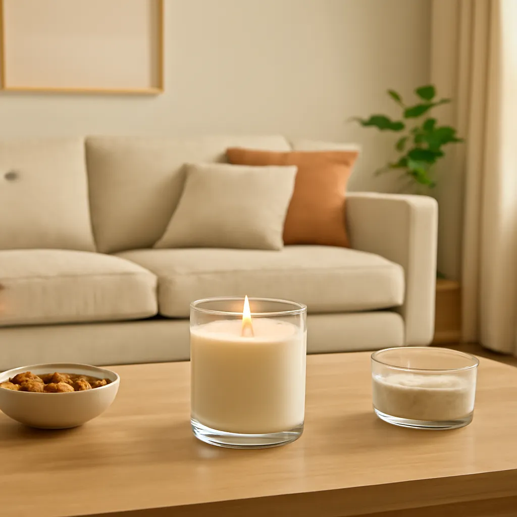 Create an educational overview visual focused on open-space scent strength. Show a warm contemporary living room with a candle placed on a central coffee table in a clean, easy-to-read composition. Use object placement, arrows/shapes implied by composition, and clear before/after or cause/effect spacing, but do not generate any text. Canvas size 2000 × 1500 px, photorealistic premium commercial photography, warm contemporary living-room palette. Keep the composition clean and editorial, with one clear focal point and realistic scale. Candle vessels should be physically correct, with smooth glass and believable wax surfaces; any flame must be small and realistic and should appear only when context requires it. Use restrained props that directly support "How to Make Your Living Room Smell Good Without Overdoing It". Avoid excessive seasonal décor, duplicated ingredient arrangements, surreal fragrance smoke, AI artifacts, noisy textures, distorted hands, unreadable labels, typography, icons, logos and watermarks. Leave a small area of negative space for optional manual annotations. Crisp detail, natural shadows, realistic color balance and subtle depth of field.