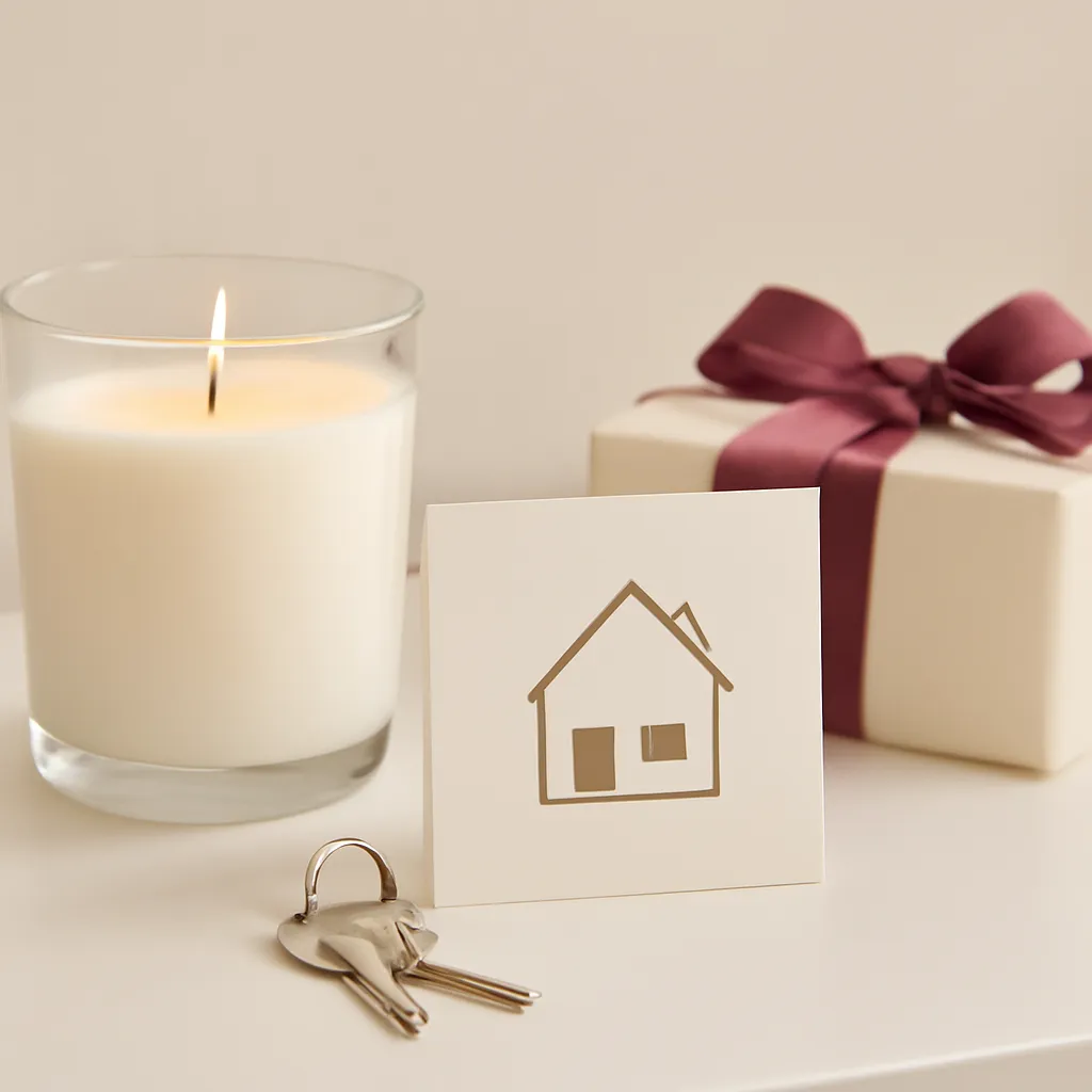 Create an educational overview visual focused on recipient and occasion. Show a candle gift beside keys and a small new-home card on a clean console table in a clean, easy-to-read composition. Use object placement, arrows/shapes implied by composition, and clear before/after or cause/effect spacing, but do not generate any text. Canvas size 2000 × 1500 px, photorealistic premium commercial photography, soft ivory paper with muted burgundy ribbon accents. Keep the composition clean and editorial, with one clear focal point and realistic scale. Candle vessels should be physically correct, with smooth glass and believable wax surfaces; any flame must be small and realistic and should appear only when context requires it. Use restrained props that directly support "Housewarming Candle Gift Ideas for a Cozy New Home". Avoid excessive seasonal décor, duplicated ingredient arrangements, surreal fragrance smoke, AI artifacts, noisy textures, distorted hands, unreadable labels, typography, icons, logos and watermarks. Leave a small area of negative space for optional manual annotations. Crisp detail, natural shadows, realistic color balance and subtle depth of field.