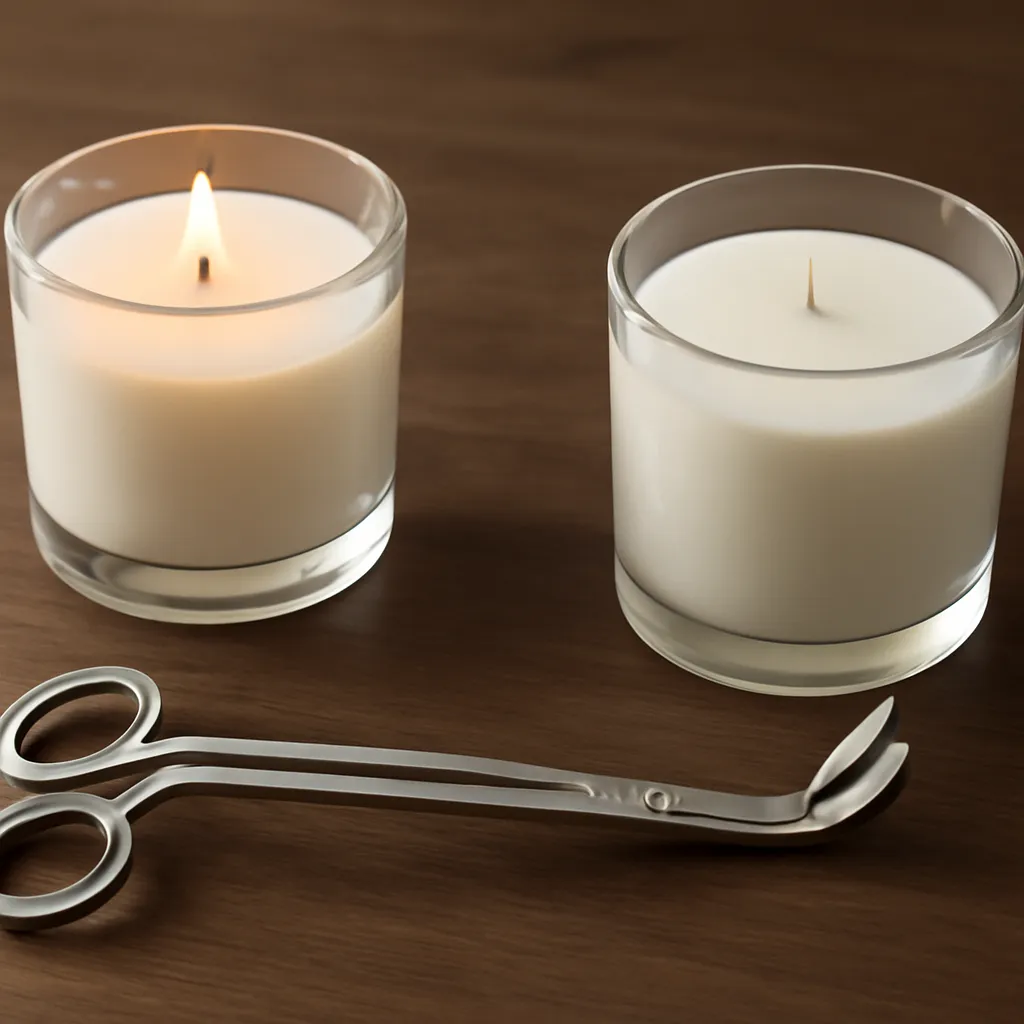 Create an educational overview visual focused on ideal wick-maintenance routine. Show a precision wick trimmer beside a neatly trimmed cotton wick in a clean, easy-to-read composition. Use object placement, arrows/shapes implied by composition, and clear before/after or cause/effect spacing, but do not generate any text. Canvas size 2000 × 1500 px, photorealistic premium commercial photography, dark walnut surface with soft directional evening light. Keep the composition clean and editorial, with one clear focal point and realistic scale. Candle vessels should be physically correct, with smooth glass and believable wax surfaces; any flame must be small and realistic and should appear only when context requires it. Use restrained props that directly support "How to Trim a Candle Wick Correctly: 2026 Candle Care Guide". Avoid excessive seasonal décor, duplicated ingredient arrangements, surreal fragrance smoke, AI artifacts, noisy textures, distorted hands, unreadable labels, typography, icons, logos and watermarks. Leave a small area of negative space for optional manual annotations. Crisp detail, natural shadows, realistic color balance and subtle depth of field.