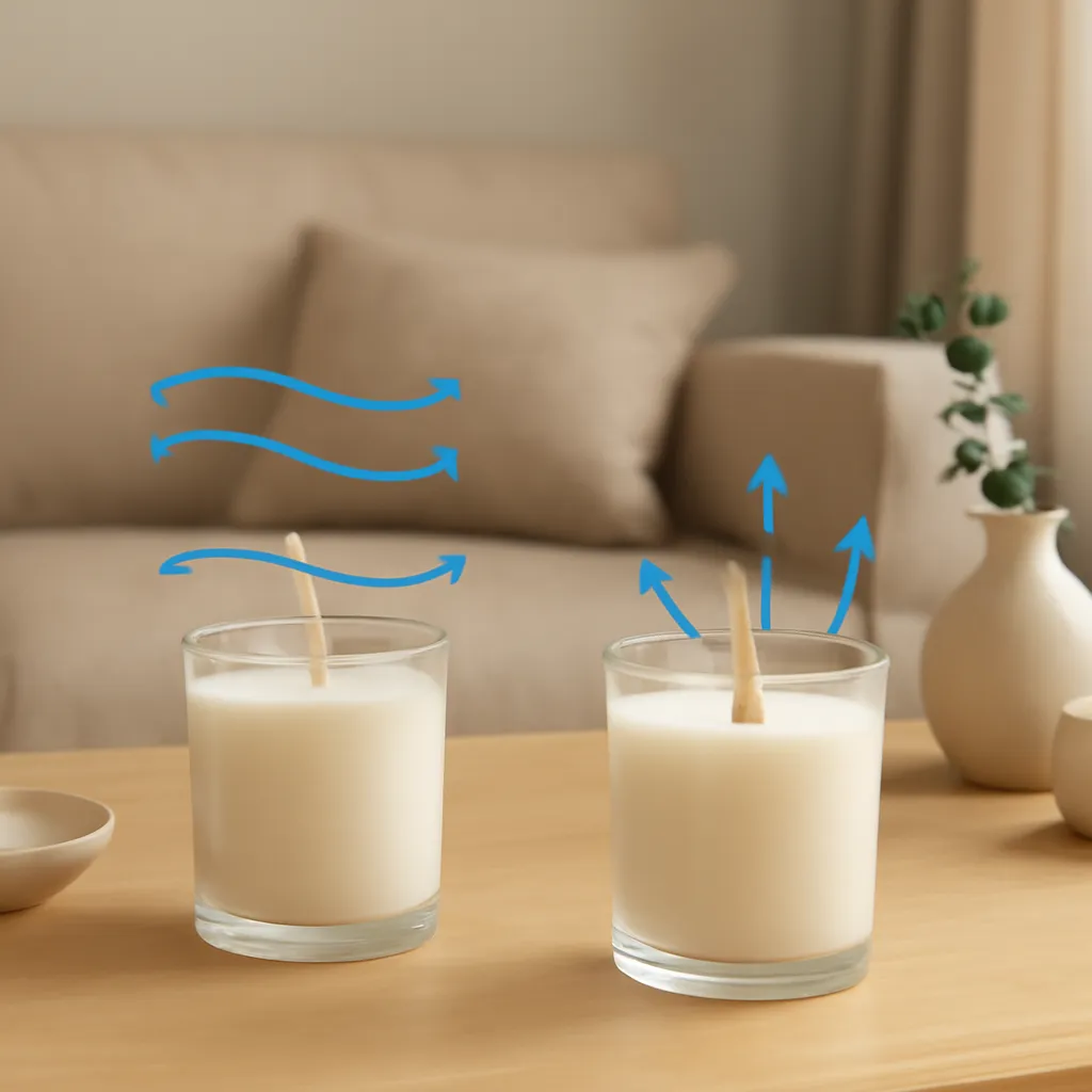 Create an educational overview visual focused on cold throw versus hot throw. Show a candle positioned thoughtfully in a medium-size living room with gentle airflow cues in a clean, easy-to-read composition. Use object placement, arrows/shapes implied by composition, and clear before/after or cause/effect spacing, but do not generate any text. Canvas size 2000 × 1500 px, photorealistic premium commercial photography, clean modern apartment palette with warm neutrals. Keep the composition clean and editorial, with one clear focal point and realistic scale. Candle vessels should be physically correct, with smooth glass and believable wax surfaces; any flame must be small and realistic and should appear only when context requires it. Use restrained props that directly support "How to Make Scented Candles Smell Stronger: 2026 Scent Tips". Avoid excessive seasonal décor, duplicated ingredient arrangements, surreal fragrance smoke, AI artifacts, noisy textures, distorted hands, unreadable labels, typography, icons, logos and watermarks. Leave a small area of negative space for optional manual annotations. Crisp detail, natural shadows, realistic color balance and subtle depth of field.