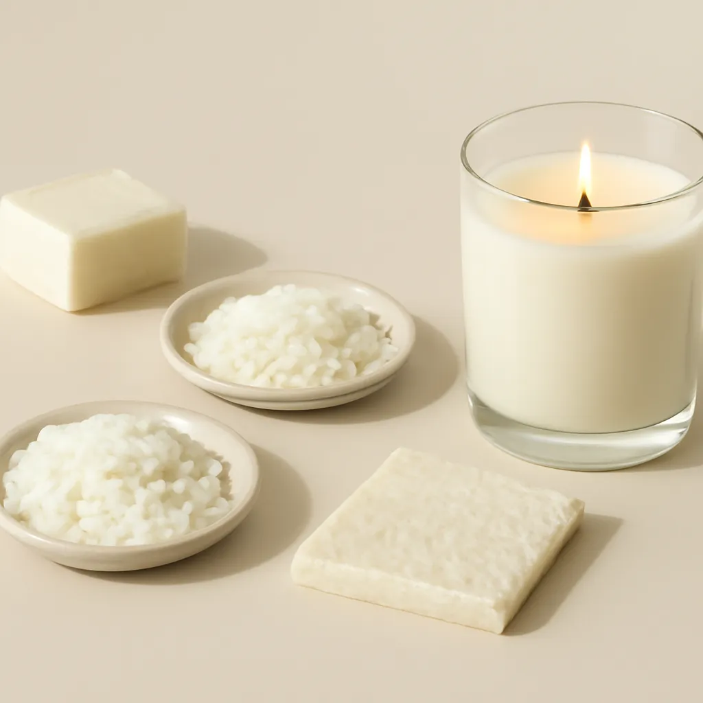 Create an educational overview visual focused on wax type and physical properties. Show a premium candle beside realistic wax samples, flakes and close-up material textures in a clean, easy-to-read composition. Use object placement, arrows/shapes implied by composition, and clear before/after or cause/effect spacing, but do not generate any text. Canvas size 2000 × 1500 px, photorealistic premium commercial photography, minimal beige comparison studio. Keep the composition clean and editorial, with one clear focal point and realistic scale. Candle vessels should be physically correct, with smooth glass and believable wax surfaces; any flame must be small and realistic and should appear only when context requires it. Use restrained props that directly support "What Is Soy Wax? 2026 Guide for Scented Candle Buyers". Avoid excessive seasonal décor, duplicated ingredient arrangements, surreal fragrance smoke, AI artifacts, noisy textures, distorted hands, unreadable labels, typography, icons, logos and watermarks. Leave a small area of negative space for optional manual annotations. Crisp detail, natural shadows, realistic color balance and subtle depth of field.