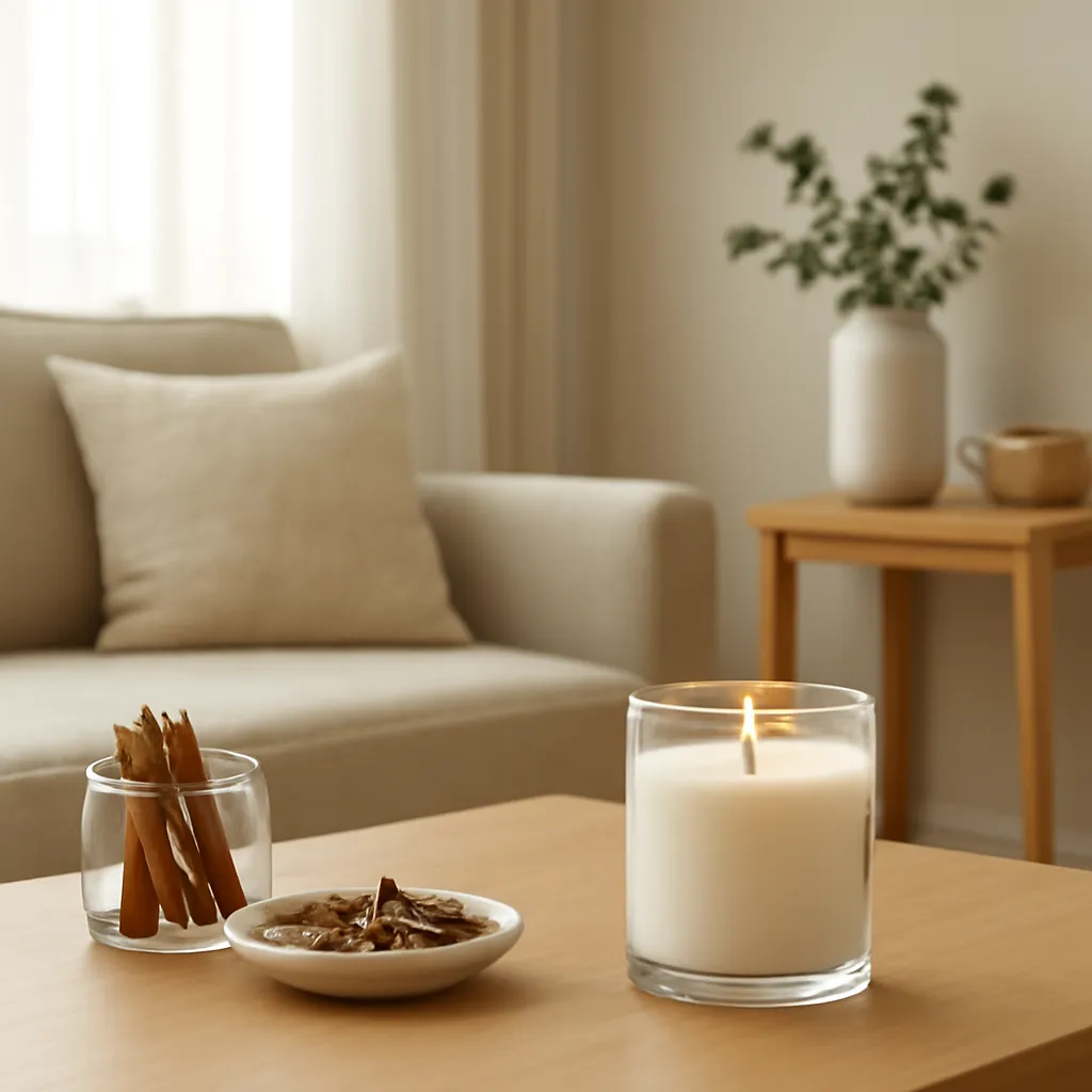 Create an educational overview visual focused on remove odor sources first. Show a bright tidy living space with one candle as part of a clean-home fragrance routine in a clean, easy-to-read composition. Use object placement, arrows/shapes implied by composition, and clear before/after or cause/effect spacing, but do not generate any text. Canvas size 2000 × 1500 px, photorealistic premium commercial photography, warm contemporary living-room palette. Keep the composition clean and editorial, with one clear focal point and realistic scale. Candle vessels should be physically correct, with smooth glass and believable wax surfaces; any flame must be small and realistic and should appear only when context requires it. Use restrained props that directly support "How to Keep Your House Smelling Fresh in 2026". Avoid excessive seasonal décor, duplicated ingredient arrangements, surreal fragrance smoke, AI artifacts, noisy textures, distorted hands, unreadable labels, typography, icons, logos and watermarks. Leave a small area of negative space for optional manual annotations. Crisp detail, natural shadows, realistic color balance and subtle depth of field.