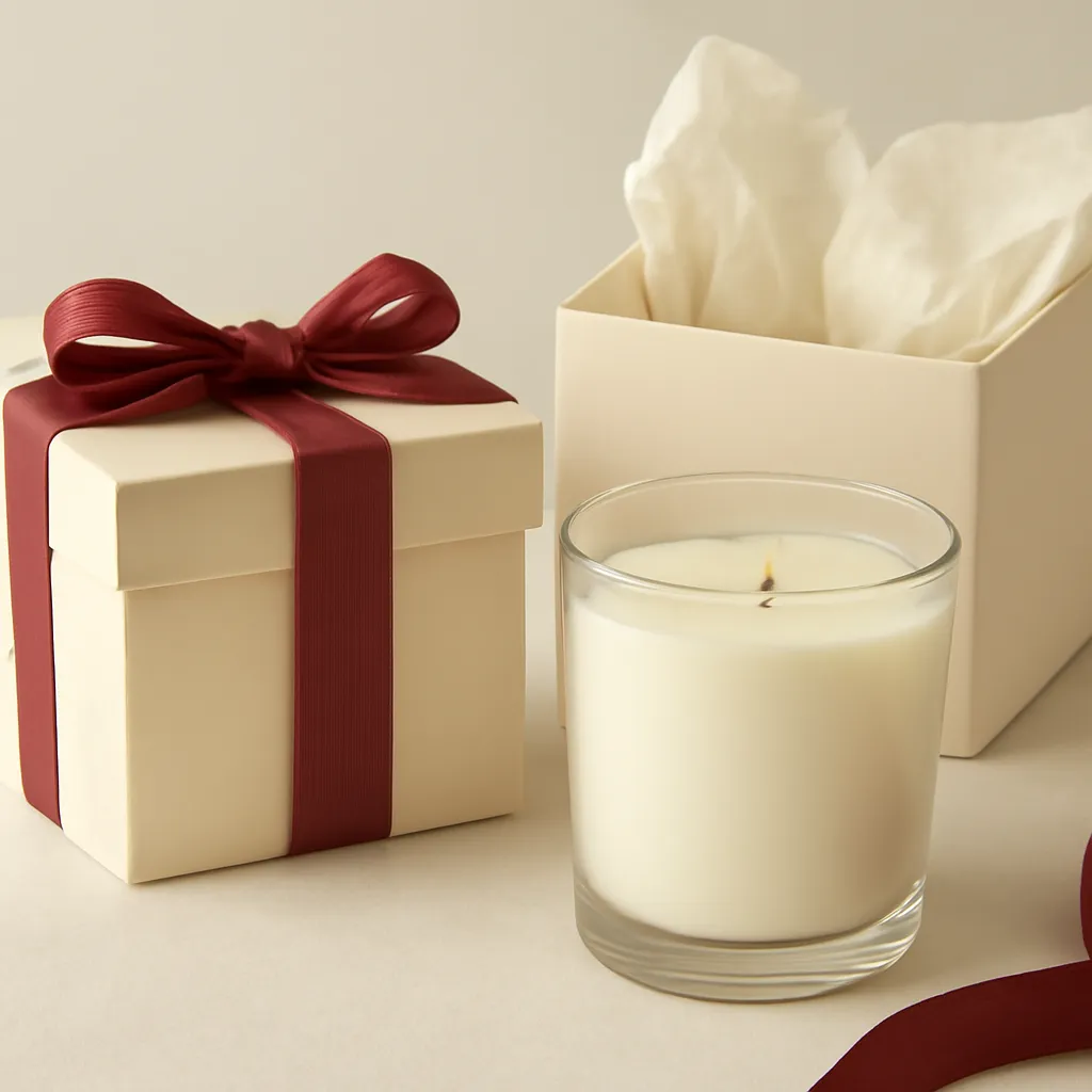 Create an educational overview visual focused on recipient and occasion. Show a premium scented candle presented in tasteful gift-ready packaging with ribbon and tissue in a clean, easy-to-read composition. Use object placement, arrows/shapes implied by composition, and clear before/after or cause/effect spacing, but do not generate any text. Canvas size 2000 × 1500 px, photorealistic premium commercial photography, soft ivory paper with muted burgundy ribbon accents. Keep the composition clean and editorial, with one clear focal point and realistic scale. Candle vessels should be physically correct, with smooth glass and believable wax surfaces; any flame must be small and realistic and should appear only when context requires it. Use restrained props that directly support "How to Choose a Candle Gift in 2026 Without Knowing Their Favorite Scent". Avoid excessive seasonal décor, duplicated ingredient arrangements, surreal fragrance smoke, AI artifacts, noisy textures, distorted hands, unreadable labels, typography, icons, logos and watermarks. Leave a small area of negative space for optional manual annotations. Crisp detail, natural shadows, realistic color balance and subtle depth of field.