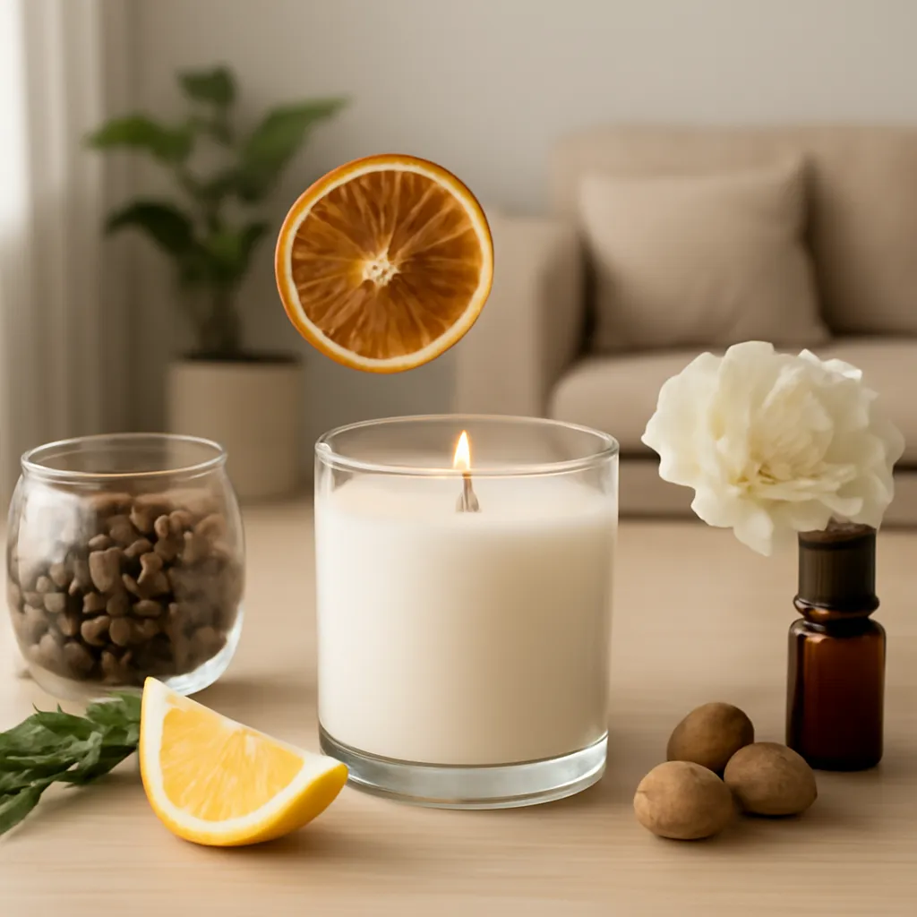 Create an educational overview visual focused on fragrance families and note structure. Show a premium scented candle surrounded by restrained fragrance ingredients and a carefully styled home interior in a clean, easy-to-read composition. Use object placement, arrows/shapes implied by composition, and clear before/after or cause/effect spacing, but do not generate any text. Canvas size 2000 × 1500 px, photorealistic premium commercial photography, clean modern apartment palette with warm neutrals. Keep the composition clean and editorial, with one clear focal point and realistic scale. Candle vessels should be physically correct, with smooth glass and believable wax surfaces; any flame must be small and realistic and should appear only when context requires it. Use restrained props that directly support "How to Choose a Candle Scent in 2026 for Any Room or Mood". Avoid excessive seasonal décor, duplicated ingredient arrangements, surreal fragrance smoke, AI artifacts, noisy textures, distorted hands, unreadable labels, typography, icons, logos and watermarks. Leave a small area of negative space for optional manual annotations. Crisp detail, natural shadows, realistic color balance and subtle depth of field.