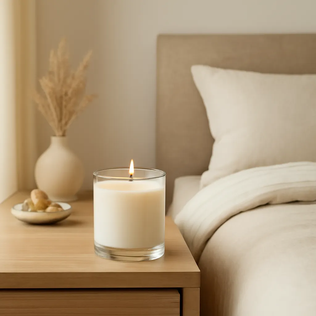 Create an educational overview visual focused on scent intensity for sleeping spaces. Show a serene modern bedroom with one scented candle on a stable bedside surface in a clean, easy-to-read composition. Use object placement, arrows/shapes implied by composition, and clear before/after or cause/effect spacing, but do not generate any text. Canvas size 2000 × 1500 px, photorealistic premium commercial photography, clean modern apartment palette with warm neutrals. Keep the composition clean and editorial, with one clear focal point and realistic scale. Candle vessels should be physically correct, with smooth glass and believable wax surfaces; any flame must be small and realistic and should appear only when context requires it. Use restrained props that directly support "Best Candle Scents for the Bedroom: How to Choose the Right Mood". Avoid excessive seasonal décor, duplicated ingredient arrangements, surreal fragrance smoke, AI artifacts, noisy textures, distorted hands, unreadable labels, typography, icons, logos and watermarks. Leave a small area of negative space for optional manual annotations. Crisp detail, natural shadows, realistic color balance and subtle depth of field.