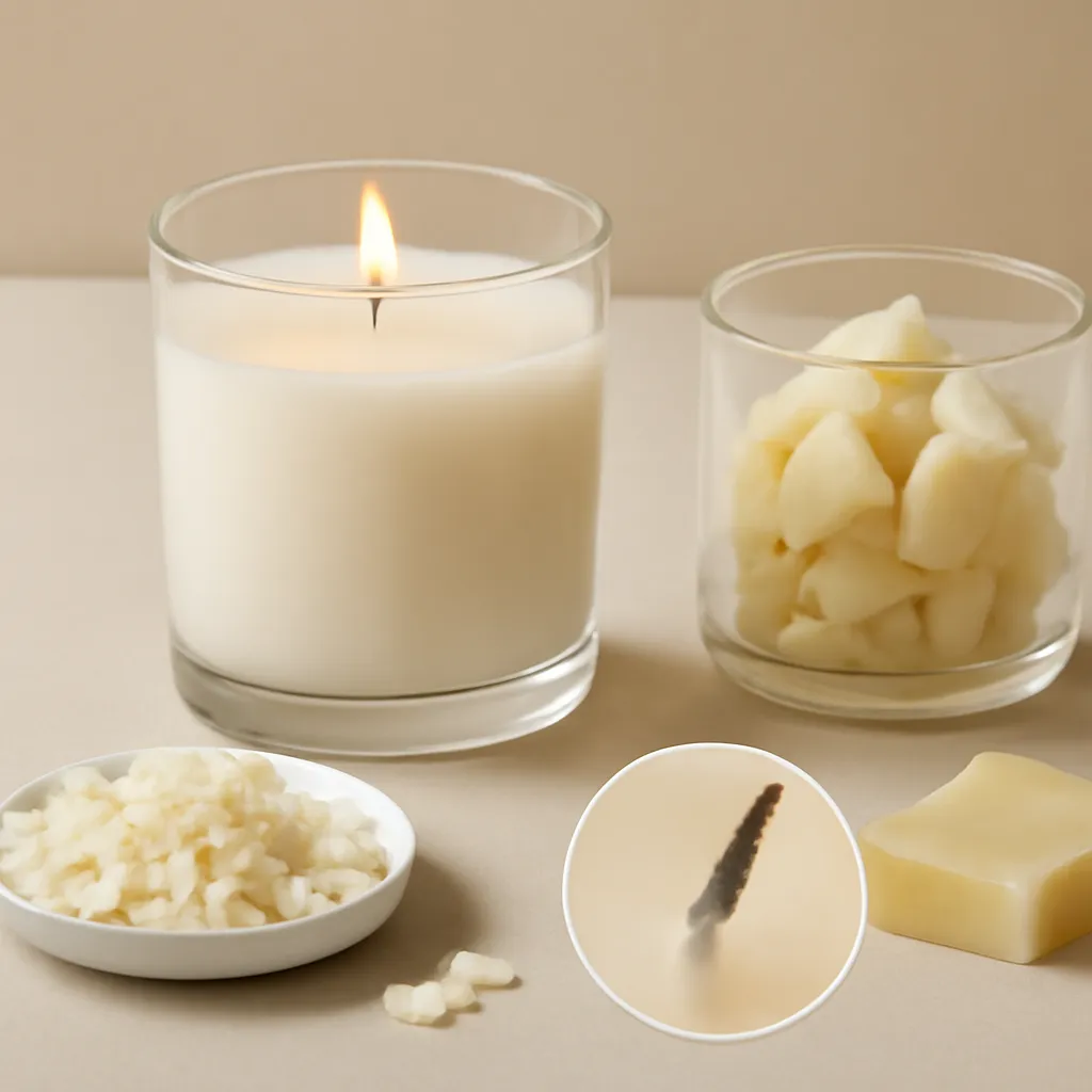 Create an educational overview visual focused on ideal wick-maintenance routine. Show a premium candle beside realistic wax samples, flakes and close-up material textures in a clean, easy-to-read composition. Use object placement, arrows/shapes implied by composition, and clear before/after or cause/effect spacing, but do not generate any text. Canvas size 2000 × 1500 px, photorealistic premium commercial photography, minimal beige comparison studio. Keep the composition clean and editorial, with one clear focal point and realistic scale. Candle vessels should be physically correct, with smooth glass and believable wax surfaces; any flame must be small and realistic and should appear only when context requires it. Use restrained props that directly support "What Are Scented Candles Made Of? Wax, Fragrance and Wick Explained". Avoid excessive seasonal décor, duplicated ingredient arrangements, surreal fragrance smoke, AI artifacts, noisy textures, distorted hands, unreadable labels, typography, icons, logos and watermarks. Leave a small area of negative space for optional manual annotations. Crisp detail, natural shadows, realistic color balance and subtle depth of field.