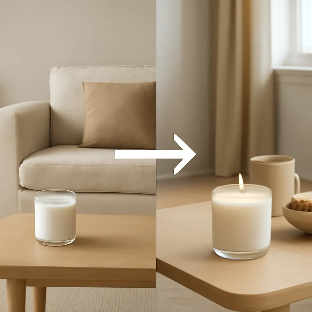 Create an educational overview visual focused on odor-source control before adding fragrance. Show a refined contemporary US home interior with a scented candle used as a subtle fragrance source in a clean, easy-to-read composition. Use object placement, arrows/shapes implied by composition, and clear before/after or cause/effect spacing, but do not generate any text. Canvas size 2000 × 1500 px, photorealistic premium commercial photography, warm contemporary living-room palette. Keep the composition clean and editorial, with one clear focal point and realistic scale. Candle vessels should be physically correct, with smooth glass and believable wax surfaces; any flame must be small and realistic and should appear only when context requires it. Use restrained props that directly support "How to Choose a Home Fragrance for Each Room". Avoid excessive seasonal décor, duplicated ingredient arrangements, surreal fragrance smoke, AI artifacts, noisy textures, distorted hands, unreadable labels, typography, icons, logos and watermarks. Leave a small area of negative space for optional manual annotations. Crisp detail, natural shadows, realistic color balance and subtle depth of field.