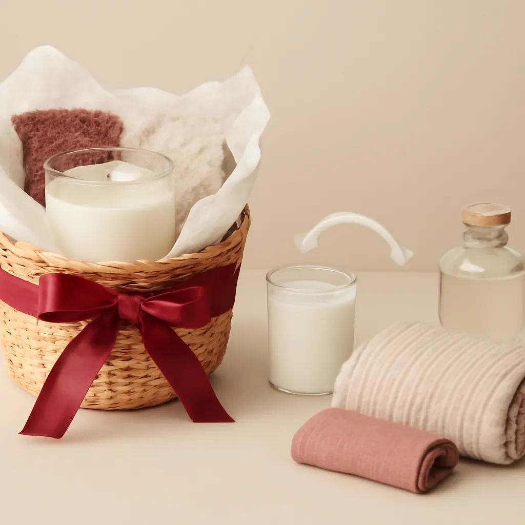 Create an educational overview visual focused on recipient and occasion. Show a premium candle gift basket with tissue, ribbon and complementary cozy accessories in a clean, easy-to-read composition. Use object placement, arrows/shapes implied by composition, and clear before/after or cause/effect spacing, but do not generate any text. Canvas size 2000 × 1500 px, photorealistic premium commercial photography, soft ivory paper with muted burgundy ribbon accents. Keep the composition clean and editorial, with one clear focal point and realistic scale. Candle vessels should be physically correct, with smooth glass and believable wax surfaces; any flame must be small and realistic and should appear only when context requires it. Use restrained props that directly support "Candle Gift Basket Ideas: What to Add for a Thoughtful Gift". Avoid excessive seasonal décor, duplicated ingredient arrangements, surreal fragrance smoke, AI artifacts, noisy textures, distorted hands, unreadable labels, typography, icons, logos and watermarks. Leave a small area of negative space for optional manual annotations. Crisp detail, natural shadows, realistic color balance and subtle depth of field.