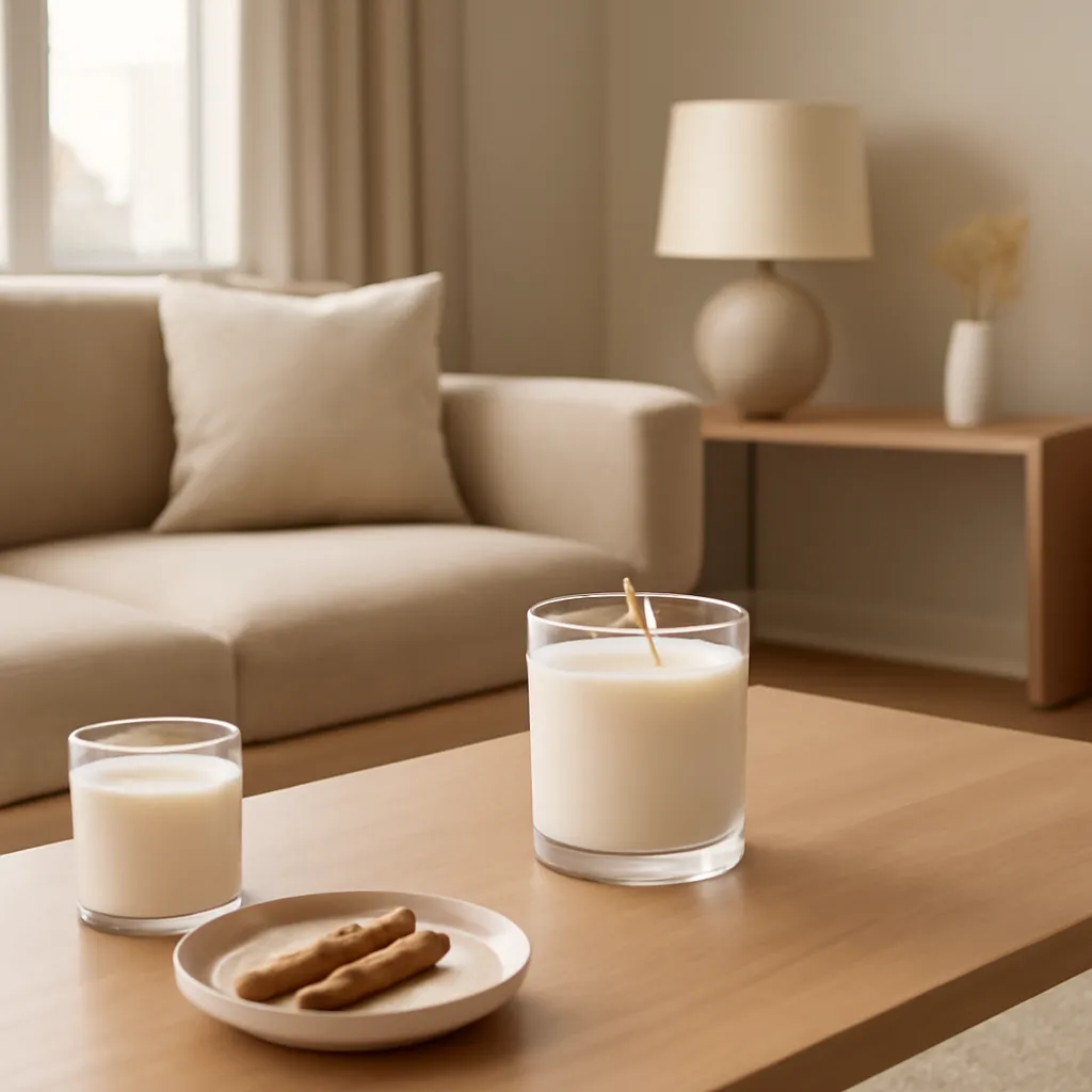 Create an educational overview visual focused on open-space scent strength. Show a warm contemporary living room with a candle placed on a central coffee table in a clean, easy-to-read composition. Use object placement, arrows/shapes implied by composition, and clear before/after or cause/effect spacing, but do not generate any text. Canvas size 2000 × 1500 px, photorealistic premium commercial photography, clean modern apartment palette with warm neutrals. Keep the composition clean and editorial, with one clear focal point and realistic scale. Candle vessels should be physically correct, with smooth glass and believable wax surfaces; any flame must be small and realistic and should appear only when context requires it. Use restrained props that directly support "Best Candle Scents for the Living Room in 2026". Avoid excessive seasonal décor, duplicated ingredient arrangements, surreal fragrance smoke, AI artifacts, noisy textures, distorted hands, unreadable labels, typography, icons, logos and watermarks. Leave a small area of negative space for optional manual annotations. Crisp detail, natural shadows, realistic color balance and subtle depth of field.