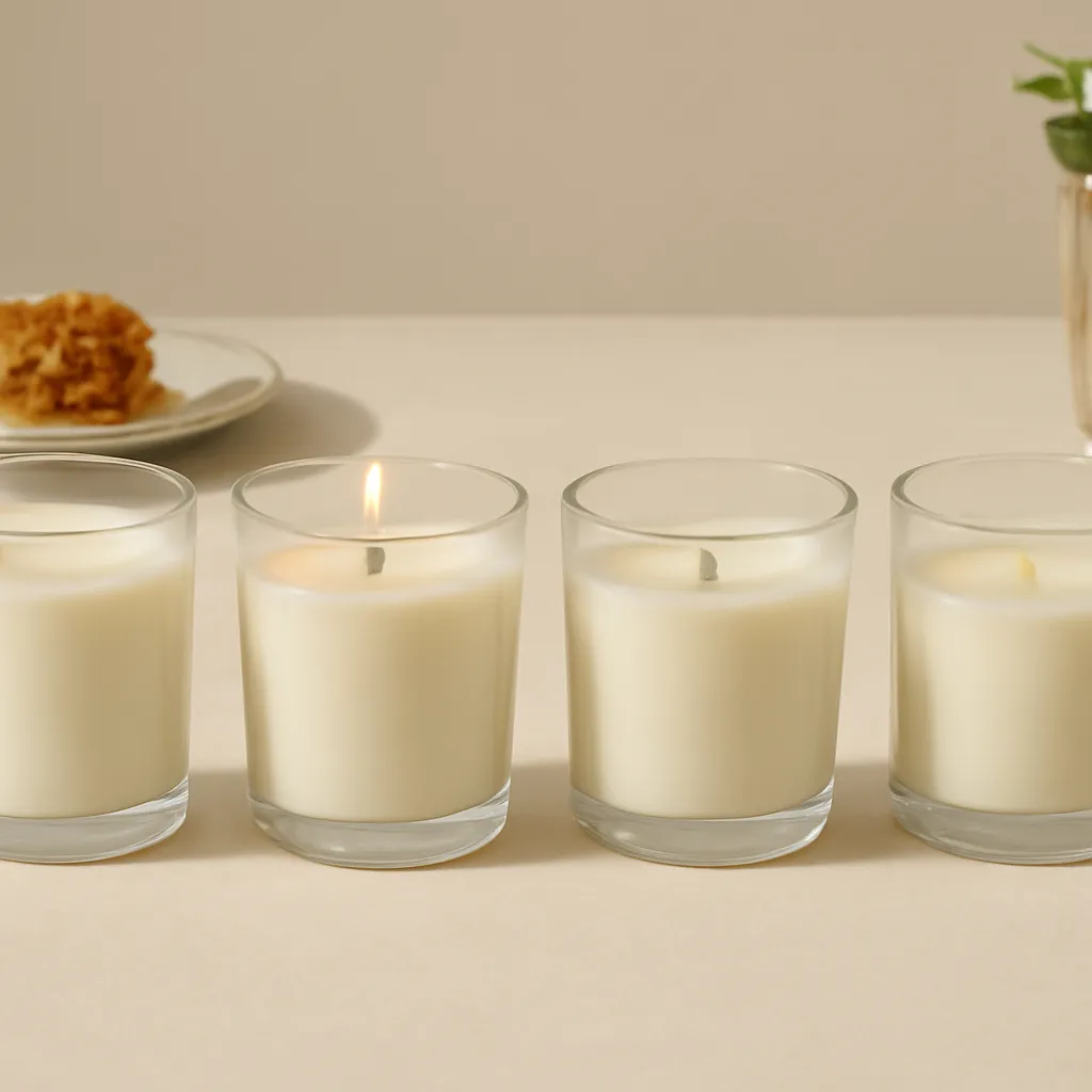 Create an educational overview visual focused on wax hardness and melt point. Show four identical candle vessels at different remaining wax levels after equal-use sessions in a clean, easy-to-read composition. Use object placement, arrows/shapes implied by composition, and clear before/after or cause/effect spacing, but do not generate any text. Canvas size 2000 × 1500 px, photorealistic premium commercial photography, minimal beige comparison studio. Keep the composition clean and editorial, with one clear focal point and realistic scale. Candle vessels should be physically correct, with smooth glass and believable wax surfaces; any flame must be small and realistic and should appear only when context requires it. Use restrained props that directly support "Which Candle Wax Burns the Longest? 2026 Comparison". Avoid excessive seasonal décor, duplicated ingredient arrangements, surreal fragrance smoke, AI artifacts, noisy textures, distorted hands, unreadable labels, typography, icons, logos and watermarks. Leave a small area of negative space for optional manual annotations. Crisp detail, natural shadows, realistic color balance and subtle depth of field.
