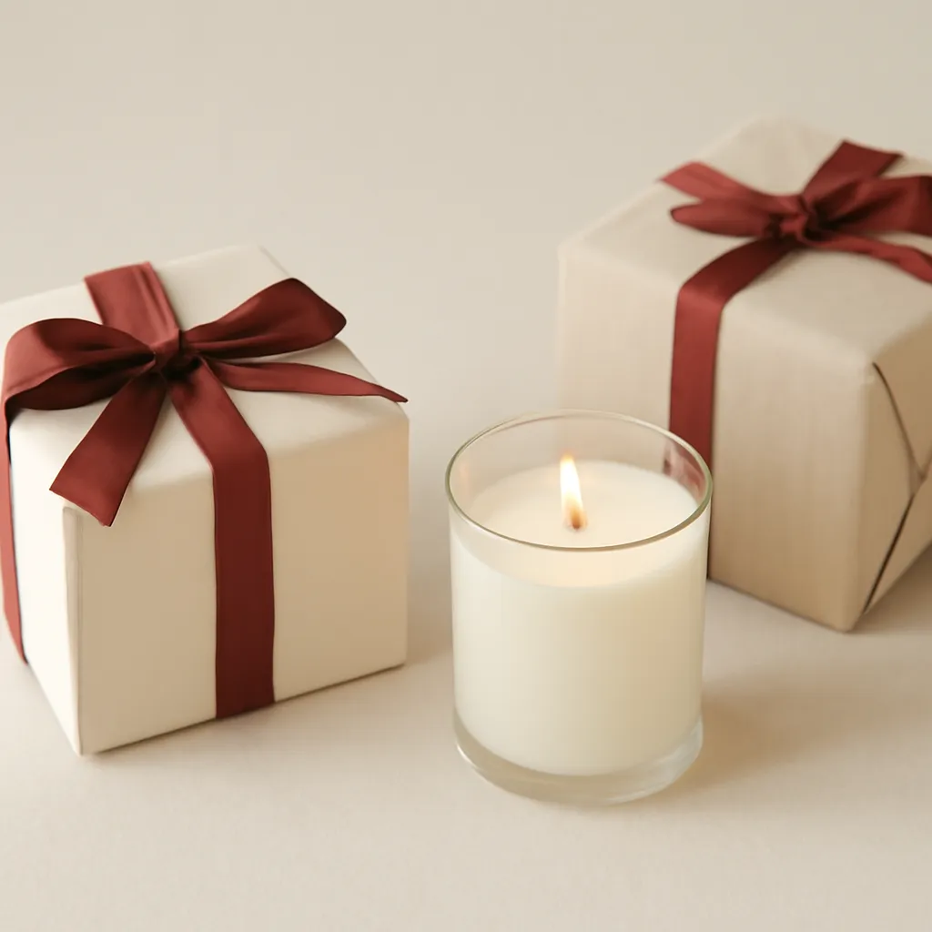 Create an educational overview visual focused on recipient and occasion. Show a premium candle gift box beside understated birthday wrapping in a clean, easy-to-read composition. Use object placement, arrows/shapes implied by composition, and clear before/after or cause/effect spacing, but do not generate any text. Canvas size 2000 × 1500 px, photorealistic premium commercial photography, soft ivory paper with muted burgundy ribbon accents. Keep the composition clean and editorial, with one clear focal point and realistic scale. Candle vessels should be physically correct, with smooth glass and believable wax surfaces; any flame must be small and realistic and should appear only when context requires it. Use restrained props that directly support "Best Scented Candle Gifts for Birthdays in 2026". Avoid excessive seasonal décor, duplicated ingredient arrangements, surreal fragrance smoke, AI artifacts, noisy textures, distorted hands, unreadable labels, typography, icons, logos and watermarks. Leave a small area of negative space for optional manual annotations. Crisp detail, natural shadows, realistic color balance and subtle depth of field.