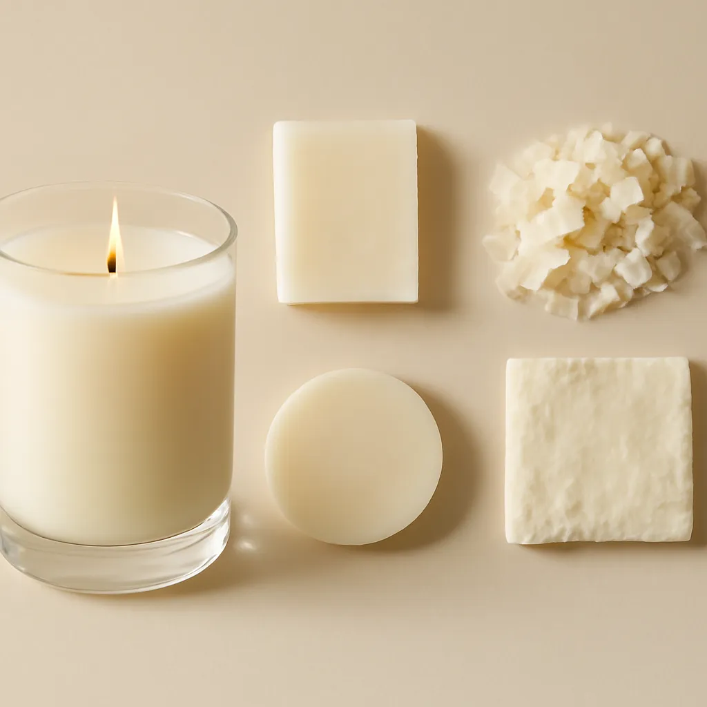Create an educational overview visual focused on wax type and physical properties. Show a premium candle beside realistic wax samples, flakes and close-up material textures in a clean, easy-to-read composition. Use object placement, arrows/shapes implied by composition, and clear before/after or cause/effect spacing, but do not generate any text. Canvas size 2000 × 1500 px, photorealistic premium commercial photography, minimal beige comparison studio. Keep the composition clean and editorial, with one clear focal point and realistic scale. Candle vessels should be physically correct, with smooth glass and believable wax surfaces; any flame must be small and realistic and should appear only when context requires it. Use restrained props that directly support "Why Does Candle Wax Melt Unevenly? Common Causes and Fixes". Avoid excessive seasonal décor, duplicated ingredient arrangements, surreal fragrance smoke, AI artifacts, noisy textures, distorted hands, unreadable labels, typography, icons, logos and watermarks. Leave a small area of negative space for optional manual annotations. Crisp detail, natural shadows, realistic color balance and subtle depth of field.