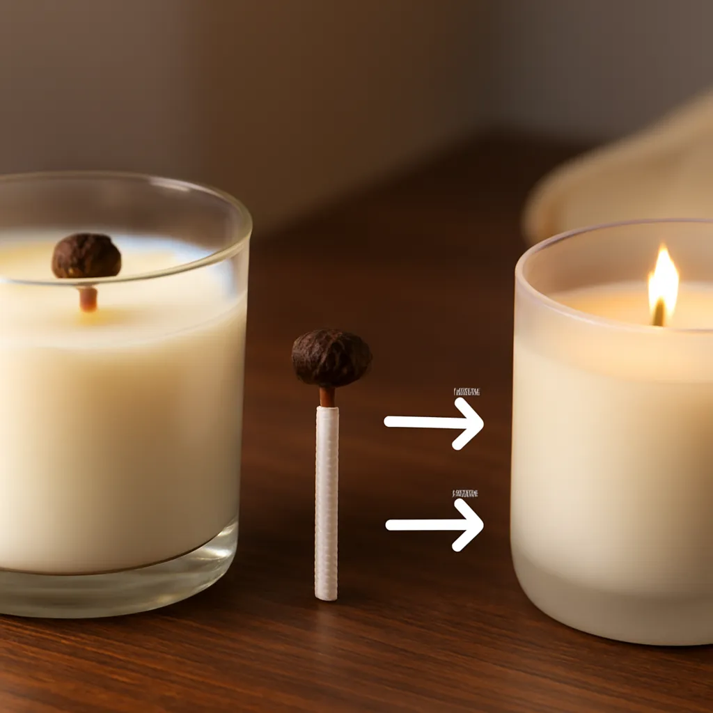 Create an educational overview visual focused on ideal wick-maintenance routine. Show an extreme macro of a mushroom-shaped carbon cap on a cotton wick in a clean, easy-to-read composition. Use object placement, arrows/shapes implied by composition, and clear before/after or cause/effect spacing, but do not generate any text. Canvas size 2000 × 1500 px, photorealistic premium commercial photography, dark walnut surface with soft directional evening light. Keep the composition clean and editorial, with one clear focal point and realistic scale. Candle vessels should be physically correct, with smooth glass and believable wax surfaces; any flame must be small and realistic and should appear only when context requires it. Use restrained props that directly support "Why Does My Candle Wick Mushroom? How to Fix It Safely". Avoid excessive seasonal décor, duplicated ingredient arrangements, surreal fragrance smoke, AI artifacts, noisy textures, distorted hands, unreadable labels, typography, icons, logos and watermarks. Leave a small area of negative space for optional manual annotations. Crisp detail, natural shadows, realistic color balance and subtle depth of field.