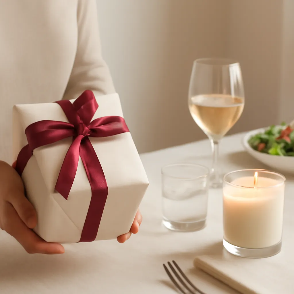 Create an educational overview visual focused on recipient and occasion. Show a wrapped candle gift being presented near a dinner-table setting in a clean, easy-to-read composition. Use object placement, arrows/shapes implied by composition, and clear before/after or cause/effect spacing, but do not generate any text. Canvas size 2000 × 1500 px, photorealistic premium commercial photography, soft ivory paper with muted burgundy ribbon accents. Keep the composition clean and editorial, with one clear focal point and realistic scale. Candle vessels should be physically correct, with smooth glass and believable wax surfaces; any flame must be small and realistic and should appear only when context requires it. Use restrained props that directly support "Hostess Candle Gift Ideas for Dinner Parties and Gatherings". Avoid excessive seasonal décor, duplicated ingredient arrangements, surreal fragrance smoke, AI artifacts, noisy textures, distorted hands, unreadable labels, typography, icons, logos and watermarks. Leave a small area of negative space for optional manual annotations. Crisp detail, natural shadows, realistic color balance and subtle depth of field.