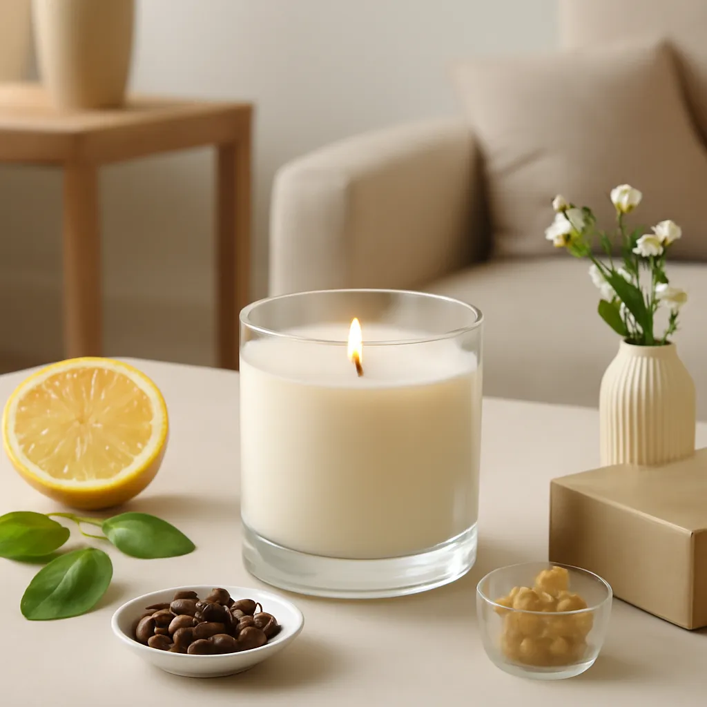 Create an educational overview visual focused on fragrance families and note structure. Show a premium scented candle surrounded by restrained fragrance ingredients and a carefully styled home interior in a clean, easy-to-read composition. Use object placement, arrows/shapes implied by composition, and clear before/after or cause/effect spacing, but do not generate any text. Canvas size 2000 × 1500 px, photorealistic premium commercial photography, clean modern apartment palette with warm neutrals. Keep the composition clean and editorial, with one clear focal point and realistic scale. Candle vessels should be physically correct, with smooth glass and believable wax surfaces; any flame must be small and realistic and should appear only when context requires it. Use restrained props that directly support "How Many Scented Candles Do You Need for a Room in 2026?". Avoid excessive seasonal décor, duplicated ingredient arrangements, surreal fragrance smoke, AI artifacts, noisy textures, distorted hands, unreadable labels, typography, icons, logos and watermarks. Leave a small area of negative space for optional manual annotations. Crisp detail, natural shadows, realistic color balance and subtle depth of field.