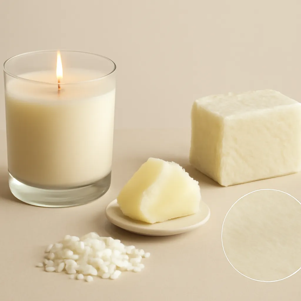 Create an educational overview visual focused on wax type and physical properties. Show a premium candle beside realistic wax samples, flakes and close-up material textures in a clean, easy-to-read composition. Use object placement, arrows/shapes implied by composition, and clear before/after or cause/effect spacing, but do not generate any text. Canvas size 2000 × 1500 px, photorealistic premium commercial photography, minimal beige comparison studio. Keep the composition clean and editorial, with one clear focal point and realistic scale. Candle vessels should be physically correct, with smooth glass and believable wax surfaces; any flame must be small and realistic and should appear only when context requires it. Use restrained props that directly support "Natural Candle Wax in 2026: What the Label Really Means". Avoid excessive seasonal décor, duplicated ingredient arrangements, surreal fragrance smoke, AI artifacts, noisy textures, distorted hands, unreadable labels, typography, icons, logos and watermarks. Leave a small area of negative space for optional manual annotations. Crisp detail, natural shadows, realistic color balance and subtle depth of field.