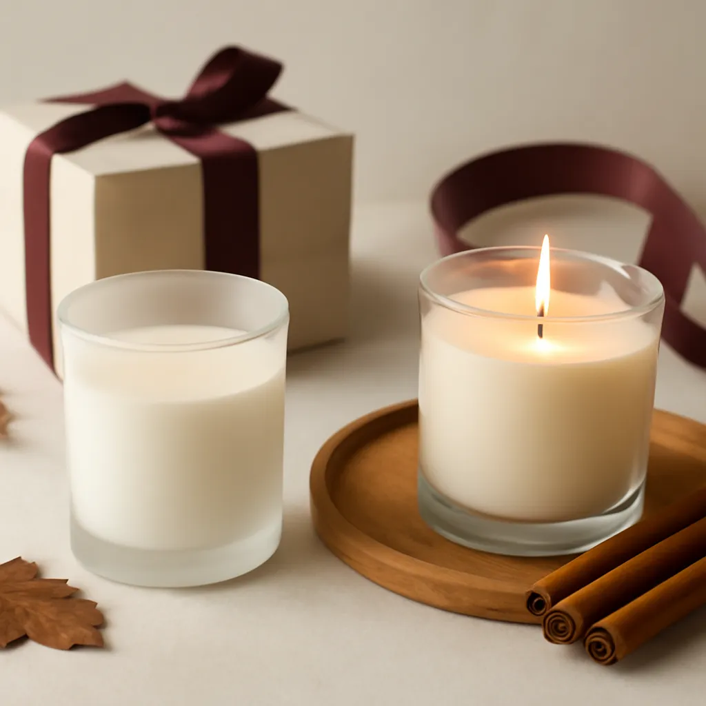 Create an educational overview visual focused on recipient and occasion. Show a warm early-fall candle scene with restrained leaves, wood, cinnamon and soft amber light in a clean, easy-to-read composition. Use object placement, arrows/shapes implied by composition, and clear before/after or cause/effect spacing, but do not generate any text. Canvas size 2000 × 1500 px, photorealistic premium commercial photography, soft ivory paper with muted burgundy ribbon accents. Keep the composition clean and editorial, with one clear focal point and realistic scale. Candle vessels should be physically correct, with smooth glass and believable wax surfaces; any flame must be small and realistic and should appear only when context requires it. Use restrained props that directly support "Fall Candle Gift Ideas 2026 for a Cozy Season". Avoid excessive seasonal décor, duplicated ingredient arrangements, surreal fragrance smoke, AI artifacts, noisy textures, distorted hands, unreadable labels, typography, icons, logos and watermarks. Leave a small area of negative space for optional manual annotations. Crisp detail, natural shadows, realistic color balance and subtle depth of field.