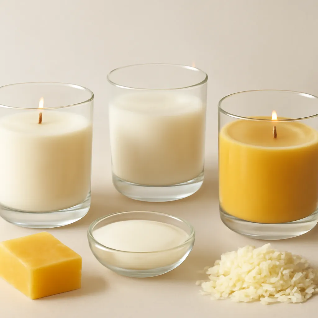 Create an educational overview visual focused on soy, paraffin, beeswax, coconut and common blends. Show four realistic wax samples with visibly different textures arranged as a clean comparison still life in a clean, easy-to-read composition. Use object placement, arrows/shapes implied by composition, and clear before/after or cause/effect spacing, but do not generate any text. Canvas size 2000 × 1500 px, photorealistic premium commercial photography, minimal beige comparison studio. Keep the composition clean and editorial, with one clear focal point and realistic scale. Candle vessels should be physically correct, with smooth glass and believable wax surfaces; any flame must be small and realistic and should appear only when context requires it. Use restrained props that directly support "Candle Wax Types 2026: Soy, Paraffin, Beeswax and More". Avoid excessive seasonal décor, duplicated ingredient arrangements, surreal fragrance smoke, AI artifacts, noisy textures, distorted hands, unreadable labels, typography, icons, logos and watermarks. Leave a small area of negative space for optional manual annotations. Crisp detail, natural shadows, realistic color balance and subtle depth of field.