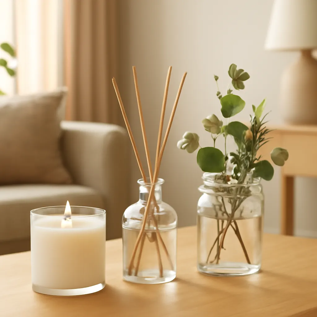 Create an educational overview visual focused on remove odor sources first. Show a refined 2026-inspired home interior with layered candle, diffuser and botanical fragrance styling in a clean, easy-to-read composition. Use object placement, arrows/shapes implied by composition, and clear before/after or cause/effect spacing, but do not generate any text. Canvas size 2000 × 1500 px, photorealistic premium commercial photography, warm contemporary living-room palette. Keep the composition clean and editorial, with one clear focal point and realistic scale. Candle vessels should be physically correct, with smooth glass and believable wax surfaces; any flame must be small and realistic and should appear only when context requires it. Use restrained props that directly support "Home Fragrance Trends 2026: What Makes a Home Smell Cozy?". Avoid excessive seasonal décor, duplicated ingredient arrangements, surreal fragrance smoke, AI artifacts, noisy textures, distorted hands, unreadable labels, typography, icons, logos and watermarks. Leave a small area of negative space for optional manual annotations. Crisp detail, natural shadows, realistic color balance and subtle depth of field.