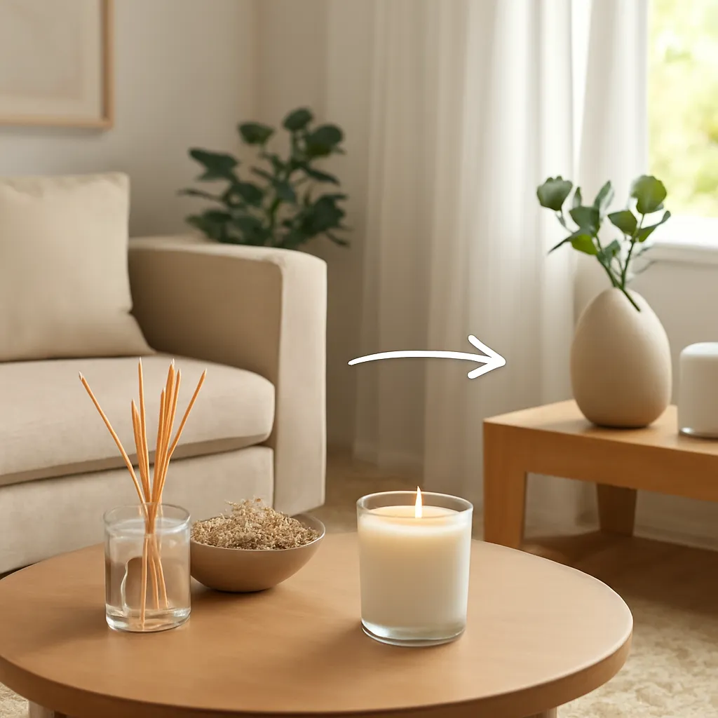 Create an educational overview visual focused on remove odor sources first. Show a bright tidy living space with one candle as part of a clean-home fragrance routine in a clean, easy-to-read composition. Use object placement, arrows/shapes implied by composition, and clear before/after or cause/effect spacing, but do not generate any text. Canvas size 2000 × 1500 px, photorealistic premium commercial photography, warm contemporary living-room palette. Keep the composition clean and editorial, with one clear focal point and realistic scale. Candle vessels should be physically correct, with smooth glass and believable wax surfaces; any flame must be small and realistic and should appear only when context requires it. Use restrained props that directly support "Home Fragrance 2026: How to Make Your House Smell Good". Avoid excessive seasonal décor, duplicated ingredient arrangements, surreal fragrance smoke, AI artifacts, noisy textures, distorted hands, unreadable labels, typography, icons, logos and watermarks. Leave a small area of negative space for optional manual annotations. Crisp detail, natural shadows, realistic color balance and subtle depth of field.