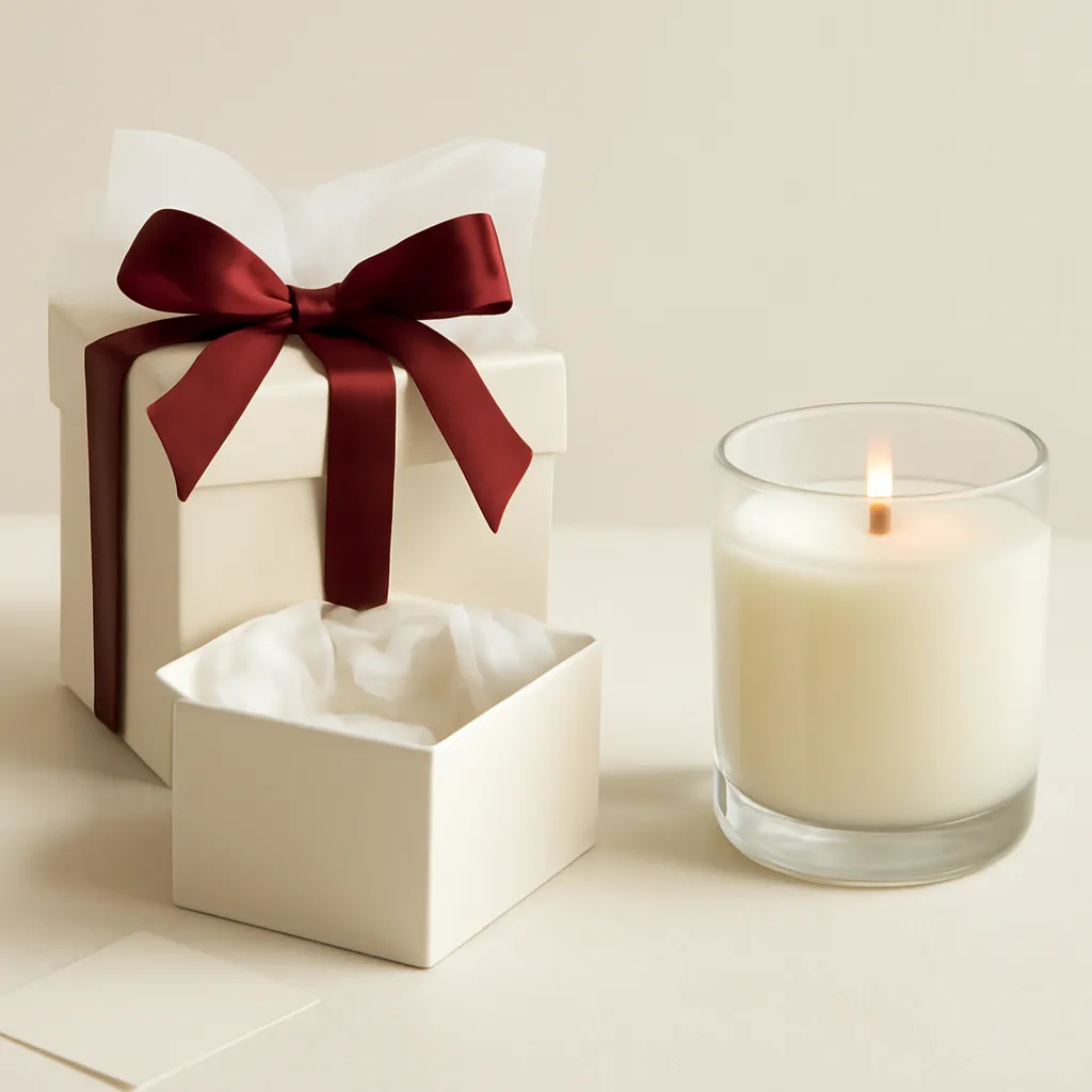 Create an educational overview visual focused on recipient and occasion. Show a premium scented candle presented in tasteful gift-ready packaging with ribbon and tissue in a clean, easy-to-read composition. Use object placement, arrows/shapes implied by composition, and clear before/after or cause/effect spacing, but do not generate any text. Canvas size 2000 × 1500 px, photorealistic premium commercial photography, soft ivory paper with muted burgundy ribbon accents. Keep the composition clean and editorial, with one clear focal point and realistic scale. Candle vessels should be physically correct, with smooth glass and believable wax surfaces; any flame must be small and realistic and should appear only when context requires it. Use restrained props that directly support "Scented Candle Gift Guide: 7 Things to Check Before Buying". Avoid excessive seasonal décor, duplicated ingredient arrangements, surreal fragrance smoke, AI artifacts, noisy textures, distorted hands, unreadable labels, typography, icons, logos and watermarks. Leave a small area of negative space for optional manual annotations. Crisp detail, natural shadows, realistic color balance and subtle depth of field.