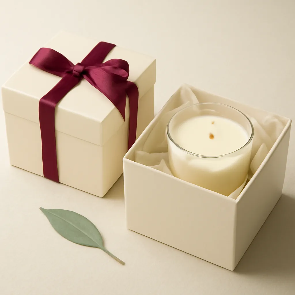 Create an educational overview visual focused on recipient and occasion. Show a premium scented candle presented in tasteful gift-ready packaging with ribbon and tissue in a clean, easy-to-read composition. Use object placement, arrows/shapes implied by composition, and clear before/after or cause/effect spacing, but do not generate any text. Canvas size 2000 × 1500 px, photorealistic premium commercial photography, soft ivory paper with muted burgundy ribbon accents. Keep the composition clean and editorial, with one clear focal point and realistic scale. Candle vessels should be physically correct, with smooth glass and believable wax surfaces; any flame must be small and realistic and should appear only when context requires it. Use restrained props that directly support "Candle Gift Ideas 2026: How to Choose a Scent They'll Love". Avoid excessive seasonal décor, duplicated ingredient arrangements, surreal fragrance smoke, AI artifacts, noisy textures, distorted hands, unreadable labels, typography, icons, logos and watermarks. Leave a small area of negative space for optional manual annotations. Crisp detail, natural shadows, realistic color balance and subtle depth of field.