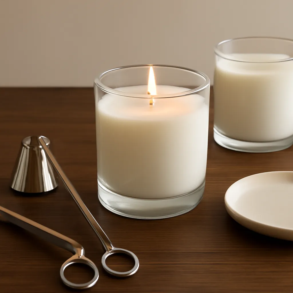 Create an educational overview visual focused on correct burn habits. Show a premium scented candle in a clean glass vessel with wick tools and a realistic wax surface in a clean, easy-to-read composition. Use object placement, arrows/shapes implied by composition, and clear before/after or cause/effect spacing, but do not generate any text. Canvas size 2000 × 1500 px, photorealistic premium commercial photography, dark walnut surface with soft directional evening light. Keep the composition clean and editorial, with one clear focal point and realistic scale. Candle vessels should be physically correct, with smooth glass and believable wax surfaces; any flame must be small and realistic and should appear only when context requires it. Use restrained props that directly support "Candle Care Basics: 10 Mistakes That Can Ruin Your Scented Candle". Avoid excessive seasonal décor, duplicated ingredient arrangements, surreal fragrance smoke, AI artifacts, noisy textures, distorted hands, unreadable labels, typography, icons, logos and watermarks. Leave a small area of negative space for optional manual annotations. Crisp detail, natural shadows, realistic color balance and subtle depth of field.