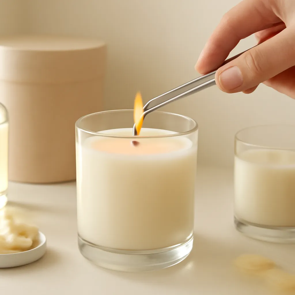 Create a close-up or macro evidence image illustrating wick maintenance. Emphasize realistic wax texture, wick fibers, glass reflections, fragrance ingredients, packaging materials or room details that directly support the article topic. Canvas size 2000 × 1500 px, photorealistic premium commercial photography, minimal ivory studio with gentle side lighting. Keep the composition clean and editorial, with one clear focal point and realistic scale. Candle vessels should be physically correct, with smooth glass and believable wax surfaces; any flame must be small and realistic and should appear only when context requires it. Use restrained props that directly support "Candle Care 2026: How to Burn Scented Candles the Right Way". Avoid excessive seasonal décor, duplicated ingredient arrangements, surreal fragrance smoke, AI artifacts, noisy textures, distorted hands, unreadable labels, typography, icons, logos and watermarks. Leave a small area of negative space for optional manual annotations. Crisp detail, natural shadows, realistic color balance and subtle depth of field.