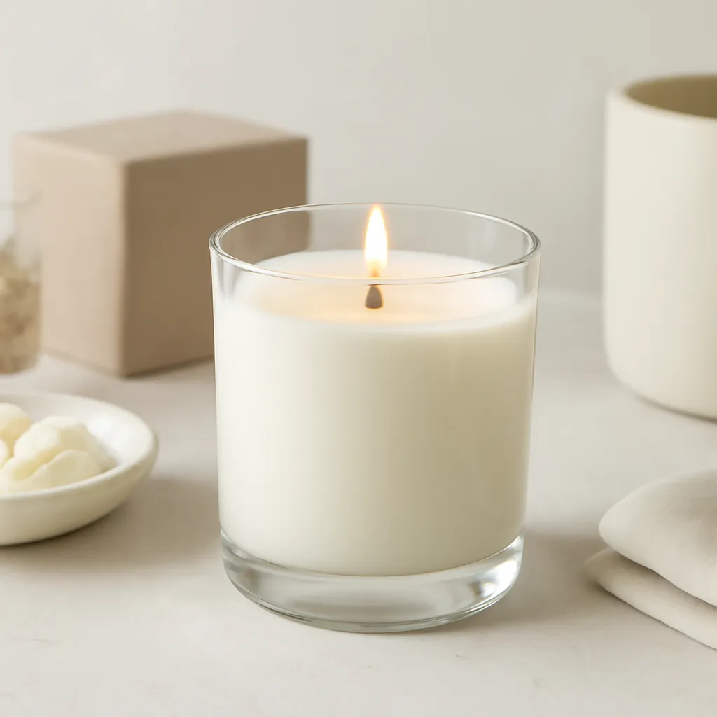 Create a close-up or macro evidence image illustrating wax-pool development. Emphasize realistic wax texture, wick fibers, glass reflections, fragrance ingredients, packaging materials or room details that directly support the article topic. Canvas size 2000 × 1500 px, photorealistic premium commercial photography, minimal ivory studio with gentle side lighting. Keep the composition clean and editorial, with one clear focal point and realistic scale. Candle vessels should be physically correct, with smooth glass and believable wax surfaces; any flame must be small and realistic and should appear only when context requires it. Use restrained props that directly support "First Burn Candle Care: How Long Should You Burn a New Candle?". Avoid excessive seasonal décor, duplicated ingredient arrangements, surreal fragrance smoke, AI artifacts, noisy textures, distorted hands, unreadable labels, typography, icons, logos and watermarks. Leave a small area of negative space for optional manual annotations. Crisp detail, natural shadows, realistic color balance and subtle depth of field.