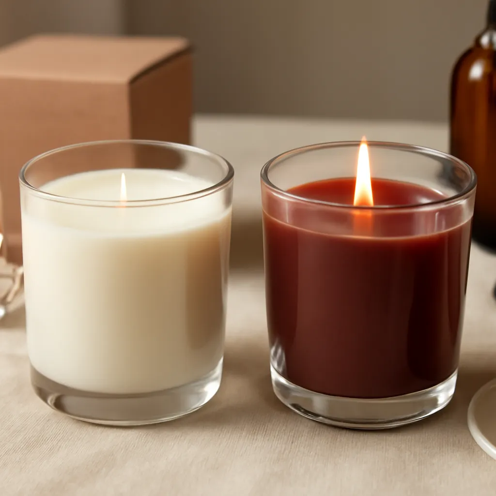 Create a close-up or macro evidence image illustrating cold throw versus hot throw. Emphasize realistic wax texture, wick fibers, glass reflections, fragrance ingredients, packaging materials or room details that directly support the article topic. Canvas size 2000 × 1500 px, photorealistic premium commercial photography, early-fall palette with restrained amber and burgundy accents. Keep the composition clean and editorial, with one clear focal point and realistic scale. Candle vessels should be physically correct, with smooth glass and believable wax surfaces; any flame must be small and realistic and should appear only when context requires it. Use restrained props that directly support "Candle Scent Families Explained: Floral, Woody, Fresh and Gourmand". Avoid excessive seasonal décor, duplicated ingredient arrangements, surreal fragrance smoke, AI artifacts, noisy textures, distorted hands, unreadable labels, typography, icons, logos and watermarks. Leave a small area of negative space for optional manual annotations. Crisp detail, natural shadows, realistic color balance and subtle depth of field.