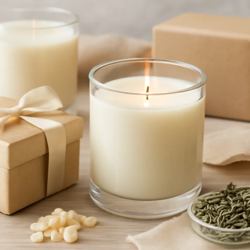 Create a close-up or macro evidence image illustrating safe fragrance choices when preferences are unknown. Emphasize realistic wax texture, wick fibers, glass reflections, fragrance ingredients, packaging materials or room details that directly support the article topic. Canvas size 2000 × 1500 px, photorealistic premium commercial photography, natural kraft, cream tissue and satin ribbon. Keep the composition clean and editorial, with one clear focal point and realistic scale. Candle vessels should be physically correct, with smooth glass and believable wax surfaces; any flame must be small and realistic and should appear only when context requires it. Use restrained props that directly support "Are Candles a Good Gift? When They Work and How to Choose One". Avoid excessive seasonal décor, duplicated ingredient arrangements, surreal fragrance smoke, AI artifacts, noisy textures, distorted hands, unreadable labels, typography, icons, logos and watermarks. Leave a small area of negative space for optional manual annotations. Crisp detail, natural shadows, realistic color balance and subtle depth of field.