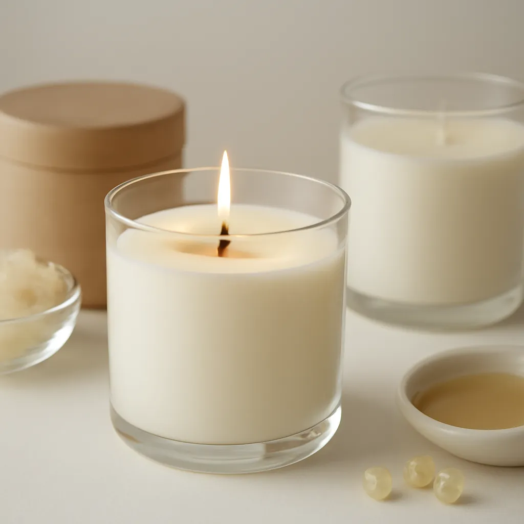 Create a close-up or macro evidence image illustrating first-burn and wax-pool causes. Emphasize realistic wax texture, wick fibers, glass reflections, fragrance ingredients, packaging materials or room details that directly support the article topic. Canvas size 2000 × 1500 px, photorealistic premium commercial photography, minimal ivory studio with gentle side lighting. Keep the composition clean and editorial, with one clear focal point and realistic scale. Candle vessels should be physically correct, with smooth glass and believable wax surfaces; any flame must be small and realistic and should appear only when context requires it. Use restrained props that directly support "Candle Tunneling Prevention: Essential Candle Care Tips for 2026". Avoid excessive seasonal décor, duplicated ingredient arrangements, surreal fragrance smoke, AI artifacts, noisy textures, distorted hands, unreadable labels, typography, icons, logos and watermarks. Leave a small area of negative space for optional manual annotations. Crisp detail, natural shadows, realistic color balance and subtle depth of field.