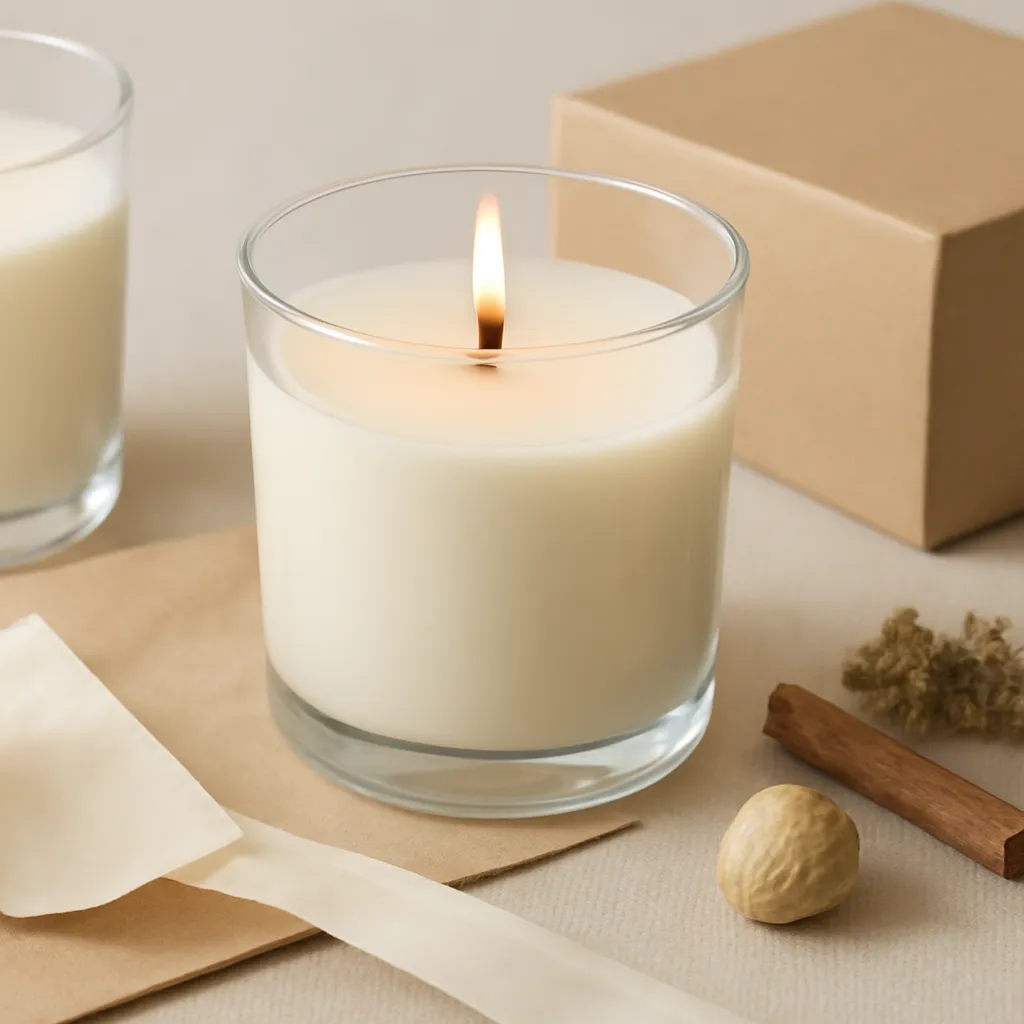 Create a close-up or macro evidence image illustrating safe fragrance choices when preferences are unknown. Emphasize realistic wax texture, wick fibers, glass reflections, fragrance ingredients, packaging materials or room details that directly support the article topic. Canvas size 2000 × 1500 px, photorealistic premium commercial photography, natural kraft, cream tissue and satin ribbon. Keep the composition clean and editorial, with one clear focal point and realistic scale. Candle vessels should be physically correct, with smooth glass and believable wax surfaces; any flame must be small and realistic and should appear only when context requires it. Use restrained props that directly support "Best Candle Gifts for Women in 2026: Scent & Style Guide". Avoid excessive seasonal décor, duplicated ingredient arrangements, surreal fragrance smoke, AI artifacts, noisy textures, distorted hands, unreadable labels, typography, icons, logos and watermarks. Leave a small area of negative space for optional manual annotations. Crisp detail, natural shadows, realistic color balance and subtle depth of field.