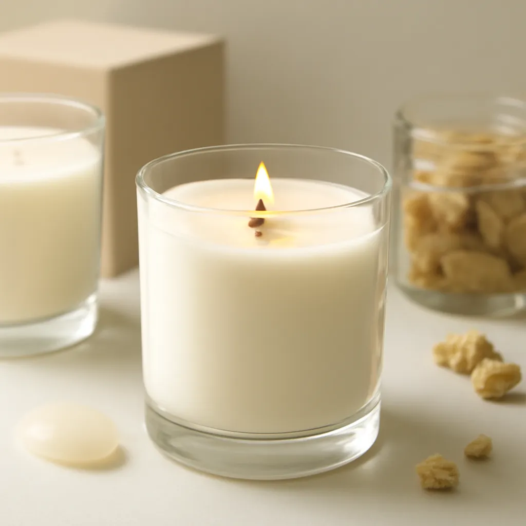 Create a close-up or macro evidence image illustrating first-burn and wax-pool causes. Emphasize realistic wax texture, wick fibers, glass reflections, fragrance ingredients, packaging materials or room details that directly support the article topic. Canvas size 2000 × 1500 px, photorealistic premium commercial photography, minimal ivory studio with gentle side lighting. Keep the composition clean and editorial, with one clear focal point and realistic scale. Candle vessels should be physically correct, with smooth glass and believable wax surfaces; any flame must be small and realistic and should appear only when context requires it. Use restrained props that directly support "How to Fix Candle Tunneling and Restore an Even Wax Pool". Avoid excessive seasonal décor, duplicated ingredient arrangements, surreal fragrance smoke, AI artifacts, noisy textures, distorted hands, unreadable labels, typography, icons, logos and watermarks. Leave a small area of negative space for optional manual annotations. Crisp detail, natural shadows, realistic color balance and subtle depth of field.