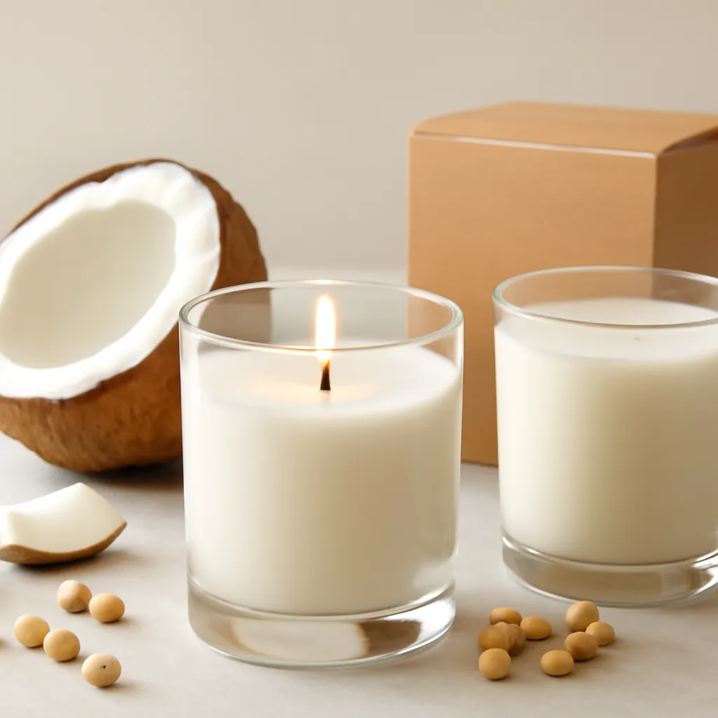 Create a close-up or macro evidence image illustrating scent performance. Emphasize realistic wax texture, wick fibers, glass reflections, fragrance ingredients, packaging materials or room details that directly support the article topic. Canvas size 2000 × 1500 px, photorealistic premium commercial photography, clean ivory laboratory-inspired studio. Keep the composition clean and editorial, with one clear focal point and realistic scale. Candle vessels should be physically correct, with smooth glass and believable wax surfaces; any flame must be small and realistic and should appear only when context requires it. Use restrained props that directly support "Coconut Wax vs Soy Wax: Which Candle Wax Performs Better?". Avoid excessive seasonal décor, duplicated ingredient arrangements, surreal fragrance smoke, AI artifacts, noisy textures, distorted hands, unreadable labels, typography, icons, logos and watermarks. Leave a small area of negative space for optional manual annotations. Crisp detail, natural shadows, realistic color balance and subtle depth of field.