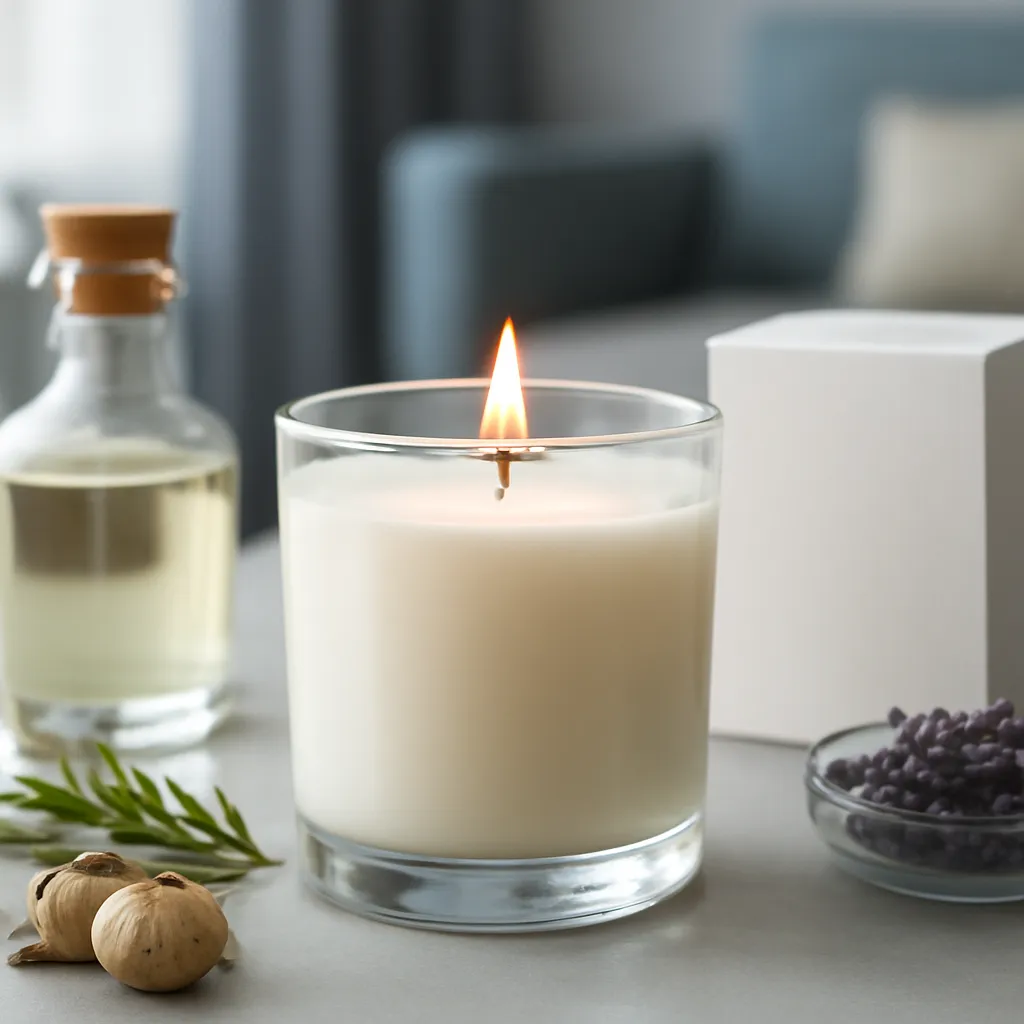Create a close-up or macro evidence image illustrating guest-friendly fragrance families. Emphasize realistic wax texture, wick fibers, glass reflections, fragrance ingredients, packaging materials or room details that directly support the article topic. Canvas size 2000 × 1500 px, photorealistic premium commercial photography, soft gray-blue modern apartment palette. Keep the composition clean and editorial, with one clear focal point and realistic scale. Candle vessels should be physically correct, with smooth glass and believable wax surfaces; any flame must be small and realistic and should appear only when context requires it. Use restrained props that directly support "How to Make Your Living Room Smell Good Without Overdoing It". Avoid excessive seasonal décor, duplicated ingredient arrangements, surreal fragrance smoke, AI artifacts, noisy textures, distorted hands, unreadable labels, typography, icons, logos and watermarks. Leave a small area of negative space for optional manual annotations. Crisp detail, natural shadows, realistic color balance and subtle depth of field.