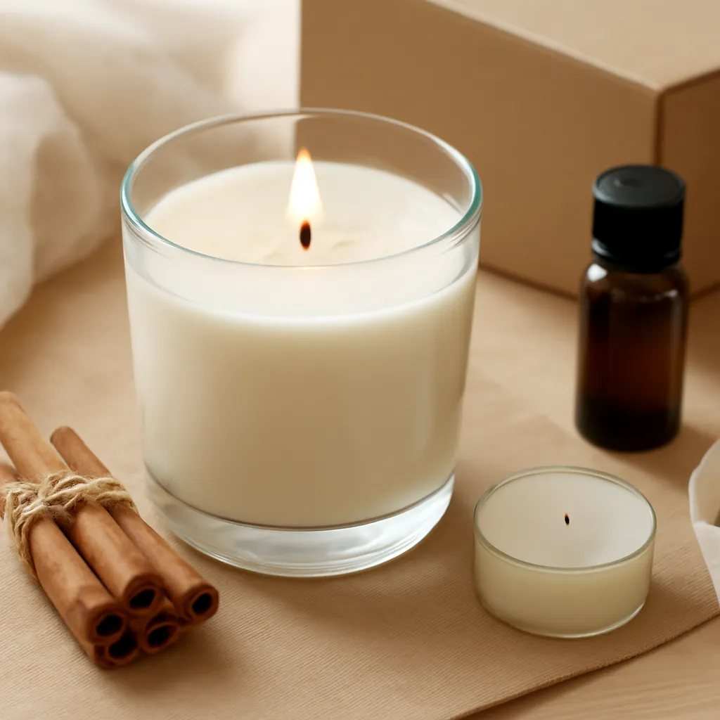 Create a close-up or macro evidence image illustrating safe fragrance choices when preferences are unknown. Emphasize realistic wax texture, wick fibers, glass reflections, fragrance ingredients, packaging materials or room details that directly support the article topic. Canvas size 2000 × 1500 px, photorealistic premium commercial photography, natural kraft, cream tissue and satin ribbon. Keep the composition clean and editorial, with one clear focal point and realistic scale. Candle vessels should be physically correct, with smooth glass and believable wax surfaces; any flame must be small and realistic and should appear only when context requires it. Use restrained props that directly support "Housewarming Candle Gift Ideas for a Cozy New Home". Avoid excessive seasonal décor, duplicated ingredient arrangements, surreal fragrance smoke, AI artifacts, noisy textures, distorted hands, unreadable labels, typography, icons, logos and watermarks. Leave a small area of negative space for optional manual annotations. Crisp detail, natural shadows, realistic color balance and subtle depth of field.