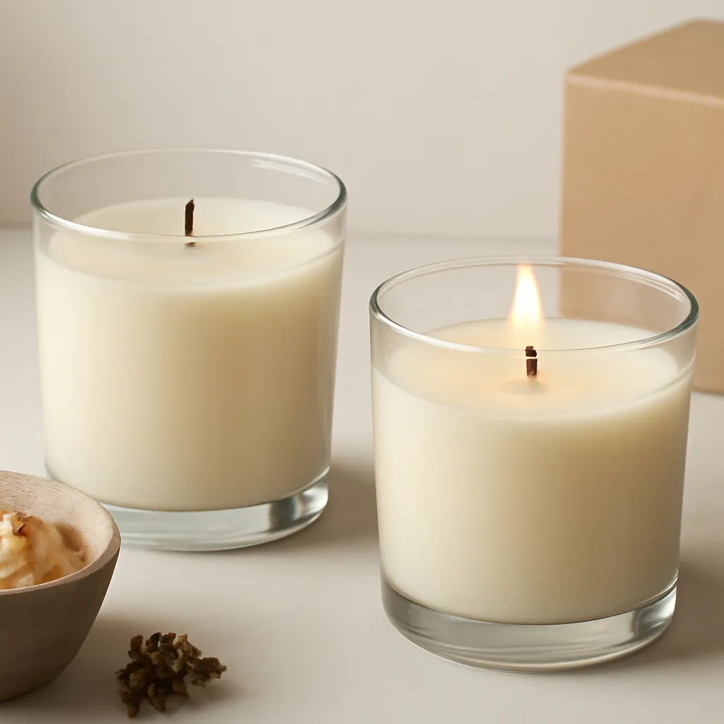 Create a close-up or macro evidence image illustrating signs a wick is too long or too short. Emphasize realistic wax texture, wick fibers, glass reflections, fragrance ingredients, packaging materials or room details that directly support the article topic. Canvas size 2000 × 1500 px, photorealistic premium commercial photography, minimal ivory studio with gentle side lighting. Keep the composition clean and editorial, with one clear focal point and realistic scale. Candle vessels should be physically correct, with smooth glass and believable wax surfaces; any flame must be small and realistic and should appear only when context requires it. Use restrained props that directly support "How to Trim a Candle Wick Correctly: 2026 Candle Care Guide". Avoid excessive seasonal décor, duplicated ingredient arrangements, surreal fragrance smoke, AI artifacts, noisy textures, distorted hands, unreadable labels, typography, icons, logos and watermarks. Leave a small area of negative space for optional manual annotations. Crisp detail, natural shadows, realistic color balance and subtle depth of field.
