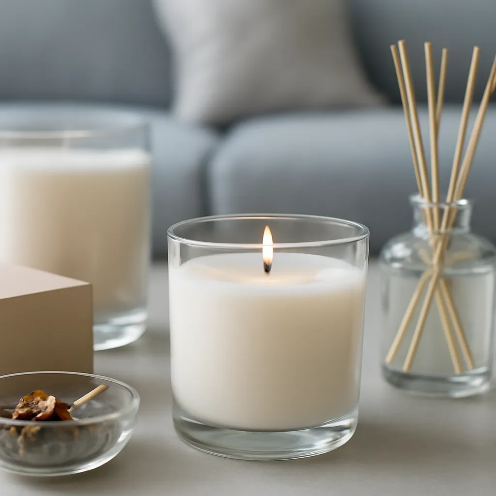 Create a close-up or macro evidence image illustrating clean-air and ventilation basics. Emphasize realistic wax texture, wick fibers, glass reflections, fragrance ingredients, packaging materials or room details that directly support the article topic. Canvas size 2000 × 1500 px, photorealistic premium commercial photography, soft gray-blue modern apartment palette. Keep the composition clean and editorial, with one clear focal point and realistic scale. Candle vessels should be physically correct, with smooth glass and believable wax surfaces; any flame must be small and realistic and should appear only when context requires it. Use restrained props that directly support "How to Keep Your House Smelling Fresh in 2026". Avoid excessive seasonal décor, duplicated ingredient arrangements, surreal fragrance smoke, AI artifacts, noisy textures, distorted hands, unreadable labels, typography, icons, logos and watermarks. Leave a small area of negative space for optional manual annotations. Crisp detail, natural shadows, realistic color balance and subtle depth of field.