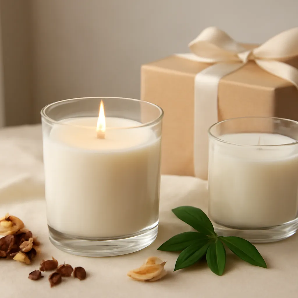 Create a close-up or macro evidence image illustrating safe fragrance choices when preferences are unknown. Emphasize realistic wax texture, wick fibers, glass reflections, fragrance ingredients, packaging materials or room details that directly support the article topic. Canvas size 2000 × 1500 px, photorealistic premium commercial photography, natural kraft, cream tissue and satin ribbon. Keep the composition clean and editorial, with one clear focal point and realistic scale. Candle vessels should be physically correct, with smooth glass and believable wax surfaces; any flame must be small and realistic and should appear only when context requires it. Use restrained props that directly support "How to Choose a Candle Gift in 2026 Without Knowing Their Favorite Scent". Avoid excessive seasonal décor, duplicated ingredient arrangements, surreal fragrance smoke, AI artifacts, noisy textures, distorted hands, unreadable labels, typography, icons, logos and watermarks. Leave a small area of negative space for optional manual annotations. Crisp detail, natural shadows, realistic color balance and subtle depth of field.