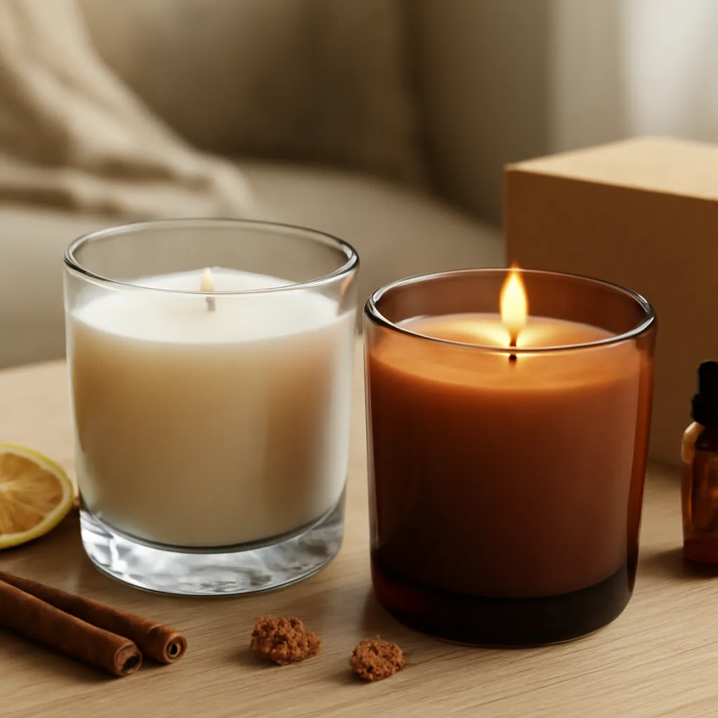 Create a close-up or macro evidence image illustrating cold throw versus hot throw. Emphasize realistic wax texture, wick fibers, glass reflections, fragrance ingredients, packaging materials or room details that directly support the article topic. Canvas size 2000 × 1500 px, photorealistic premium commercial photography, early-fall palette with restrained amber and burgundy accents. Keep the composition clean and editorial, with one clear focal point and realistic scale. Candle vessels should be physically correct, with smooth glass and believable wax surfaces; any flame must be small and realistic and should appear only when context requires it. Use restrained props that directly support "How to Choose a Candle Scent in 2026 for Any Room or Mood". Avoid excessive seasonal décor, duplicated ingredient arrangements, surreal fragrance smoke, AI artifacts, noisy textures, distorted hands, unreadable labels, typography, icons, logos and watermarks. Leave a small area of negative space for optional manual annotations. Crisp detail, natural shadows, realistic color balance and subtle depth of field.