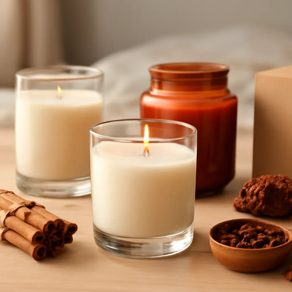 Create a close-up or macro evidence image illustrating soft fragrance families. Emphasize realistic wax texture, wick fibers, glass reflections, fragrance ingredients, packaging materials or room details that directly support the article topic. Canvas size 2000 × 1500 px, photorealistic premium commercial photography, early-fall palette with restrained amber and burgundy accents. Keep the composition clean and editorial, with one clear focal point and realistic scale. Candle vessels should be physically correct, with smooth glass and believable wax surfaces; any flame must be small and realistic and should appear only when context requires it. Use restrained props that directly support "Best Candle Scents for the Bedroom: How to Choose the Right Mood". Avoid excessive seasonal décor, duplicated ingredient arrangements, surreal fragrance smoke, AI artifacts, noisy textures, distorted hands, unreadable labels, typography, icons, logos and watermarks. Leave a small area of negative space for optional manual annotations. Crisp detail, natural shadows, realistic color balance and subtle depth of field.