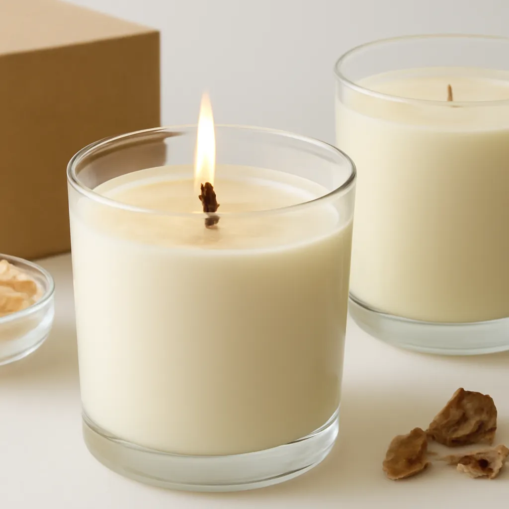 Create a close-up or macro evidence image illustrating signs a wick is too long or too short. Emphasize realistic wax texture, wick fibers, glass reflections, fragrance ingredients, packaging materials or room details that directly support the article topic. Canvas size 2000 × 1500 px, photorealistic premium commercial photography, clean ivory laboratory-inspired studio. Keep the composition clean and editorial, with one clear focal point and realistic scale. Candle vessels should be physically correct, with smooth glass and believable wax surfaces; any flame must be small and realistic and should appear only when context requires it. Use restrained props that directly support "What Are Scented Candles Made Of? Wax, Fragrance and Wick Explained". Avoid excessive seasonal décor, duplicated ingredient arrangements, surreal fragrance smoke, AI artifacts, noisy textures, distorted hands, unreadable labels, typography, icons, logos and watermarks. Leave a small area of negative space for optional manual annotations. Crisp detail, natural shadows, realistic color balance and subtle depth of field.