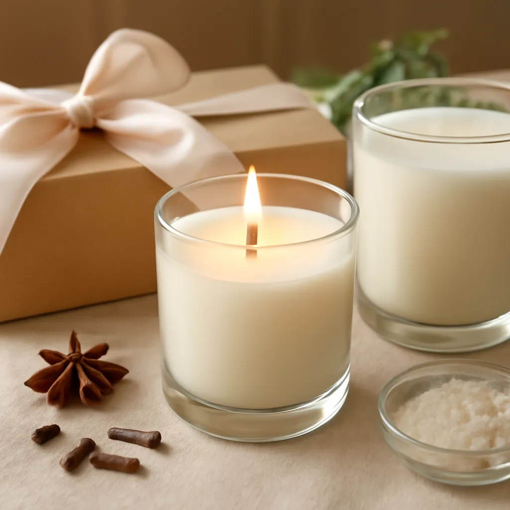 Create a close-up or macro evidence image illustrating safe fragrance choices when preferences are unknown. Emphasize realistic wax texture, wick fibers, glass reflections, fragrance ingredients, packaging materials or room details that directly support the article topic. Canvas size 2000 × 1500 px, photorealistic premium commercial photography, natural kraft, cream tissue and satin ribbon. Keep the composition clean and editorial, with one clear focal point and realistic scale. Candle vessels should be physically correct, with smooth glass and believable wax surfaces; any flame must be small and realistic and should appear only when context requires it. Use restrained props that directly support "Candle Gift Basket Ideas: What to Add for a Thoughtful Gift". Avoid excessive seasonal décor, duplicated ingredient arrangements, surreal fragrance smoke, AI artifacts, noisy textures, distorted hands, unreadable labels, typography, icons, logos and watermarks. Leave a small area of negative space for optional manual annotations. Crisp detail, natural shadows, realistic color balance and subtle depth of field.