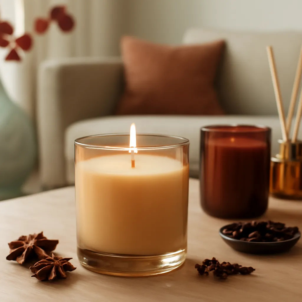 Create a close-up or macro evidence image illustrating guest-friendly fragrance families. Emphasize realistic wax texture, wick fibers, glass reflections, fragrance ingredients, packaging materials or room details that directly support the article topic. Canvas size 2000 × 1500 px, photorealistic premium commercial photography, early-fall palette with restrained amber and burgundy accents. Keep the composition clean and editorial, with one clear focal point and realistic scale. Candle vessels should be physically correct, with smooth glass and believable wax surfaces; any flame must be small and realistic and should appear only when context requires it. Use restrained props that directly support "Best Candle Scents for the Living Room in 2026". Avoid excessive seasonal décor, duplicated ingredient arrangements, surreal fragrance smoke, AI artifacts, noisy textures, distorted hands, unreadable labels, typography, icons, logos and watermarks. Leave a small area of negative space for optional manual annotations. Crisp detail, natural shadows, realistic color balance and subtle depth of field.
