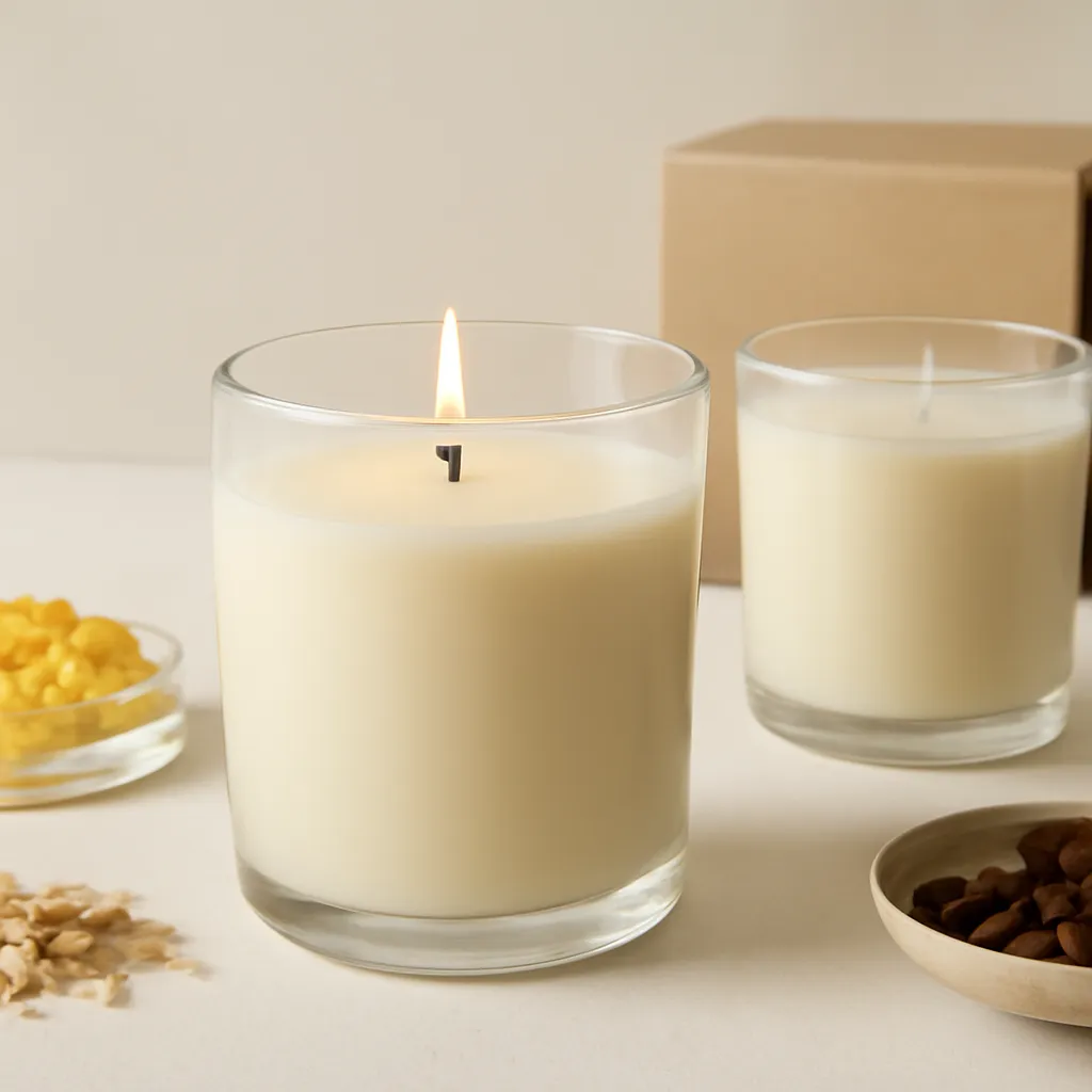 Create a close-up or macro evidence image illustrating wick and vessel effects. Emphasize realistic wax texture, wick fibers, glass reflections, fragrance ingredients, packaging materials or room details that directly support the article topic. Canvas size 2000 × 1500 px, photorealistic premium commercial photography, clean ivory laboratory-inspired studio. Keep the composition clean and editorial, with one clear focal point and realistic scale. Candle vessels should be physically correct, with smooth glass and believable wax surfaces; any flame must be small and realistic and should appear only when context requires it. Use restrained props that directly support "Which Candle Wax Burns the Longest? 2026 Comparison". Avoid excessive seasonal décor, duplicated ingredient arrangements, surreal fragrance smoke, AI artifacts, noisy textures, distorted hands, unreadable labels, typography, icons, logos and watermarks. Leave a small area of negative space for optional manual annotations. Crisp detail, natural shadows, realistic color balance and subtle depth of field.