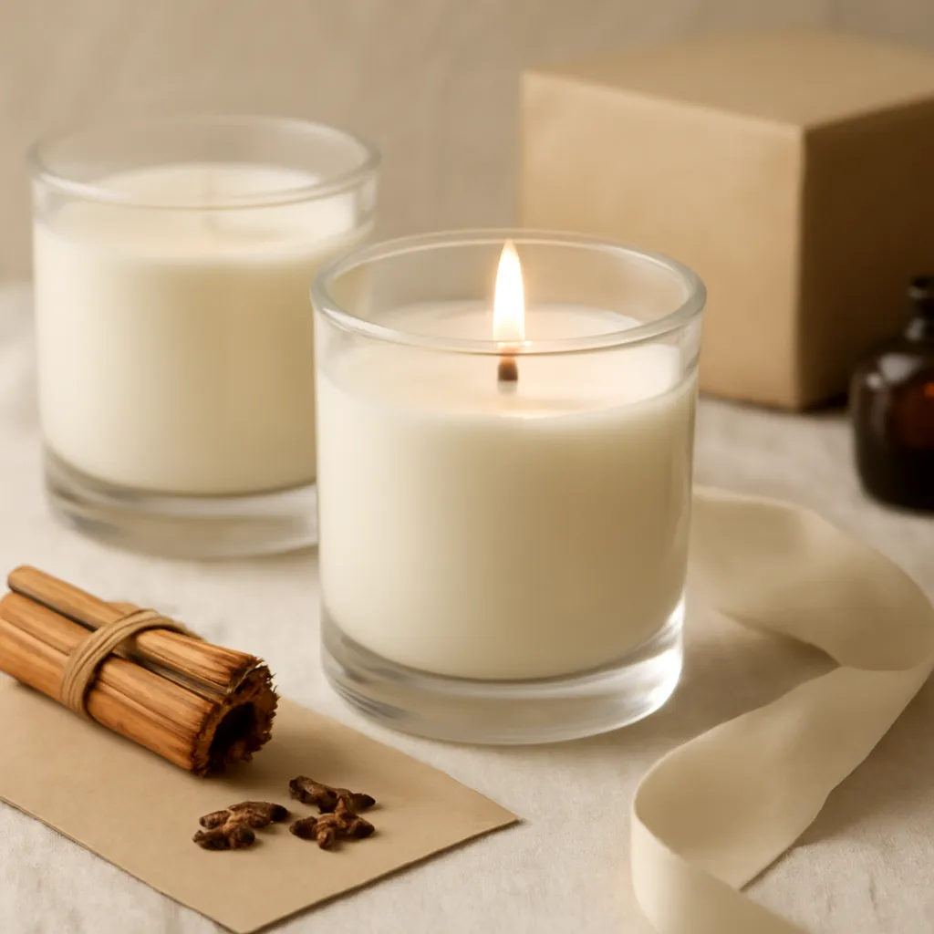 Create a close-up or macro evidence image illustrating safe fragrance choices when preferences are unknown. Emphasize realistic wax texture, wick fibers, glass reflections, fragrance ingredients, packaging materials or room details that directly support the article topic. Canvas size 2000 × 1500 px, photorealistic premium commercial photography, natural kraft, cream tissue and satin ribbon. Keep the composition clean and editorial, with one clear focal point and realistic scale. Candle vessels should be physically correct, with smooth glass and believable wax surfaces; any flame must be small and realistic and should appear only when context requires it. Use restrained props that directly support "Best Scented Candle Gifts for Birthdays in 2026". Avoid excessive seasonal décor, duplicated ingredient arrangements, surreal fragrance smoke, AI artifacts, noisy textures, distorted hands, unreadable labels, typography, icons, logos and watermarks. Leave a small area of negative space for optional manual annotations. Crisp detail, natural shadows, realistic color balance and subtle depth of field.