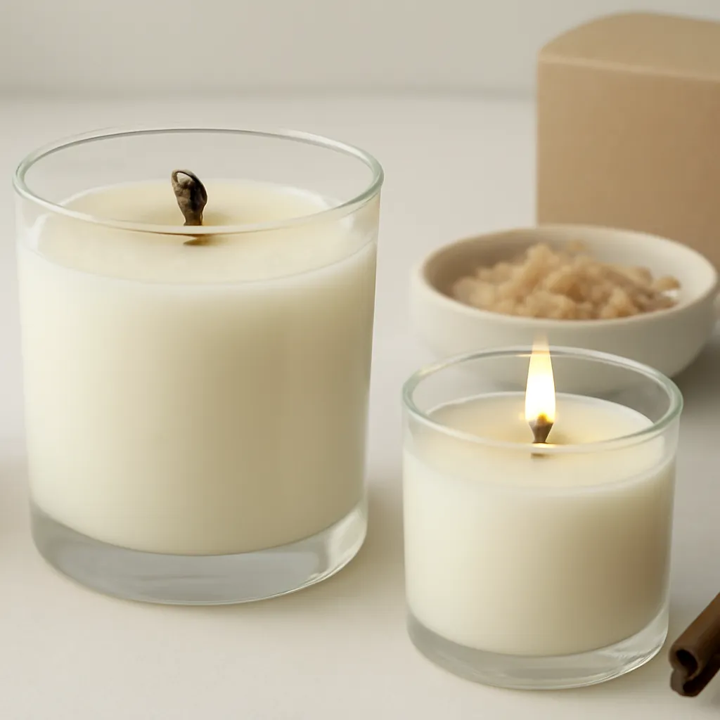 Create a close-up or macro evidence image illustrating signs a wick is too long or too short. Emphasize realistic wax texture, wick fibers, glass reflections, fragrance ingredients, packaging materials or room details that directly support the article topic. Canvas size 2000 × 1500 px, photorealistic premium commercial photography, minimal ivory studio with gentle side lighting. Keep the composition clean and editorial, with one clear focal point and realistic scale. Candle vessels should be physically correct, with smooth glass and believable wax surfaces; any flame must be small and realistic and should appear only when context requires it. Use restrained props that directly support "Why Does My Candle Wick Mushroom? How to Fix It Safely". Avoid excessive seasonal décor, duplicated ingredient arrangements, surreal fragrance smoke, AI artifacts, noisy textures, distorted hands, unreadable labels, typography, icons, logos and watermarks. Leave a small area of negative space for optional manual annotations. Crisp detail, natural shadows, realistic color balance and subtle depth of field.